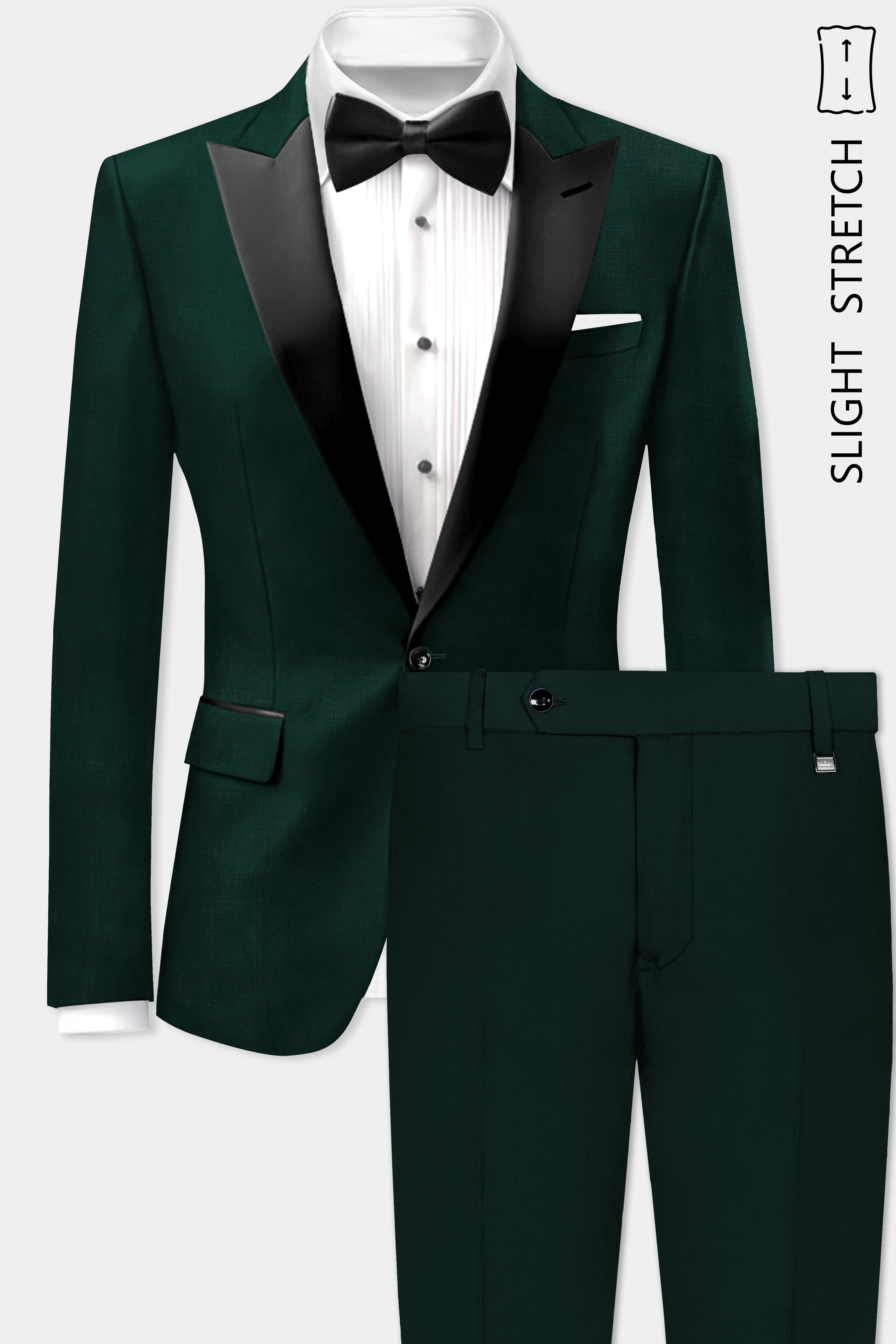 Emerald-Zucchini Green Solid Wool Rich Peak Lapel Tuxedo Slight Stretch Suit