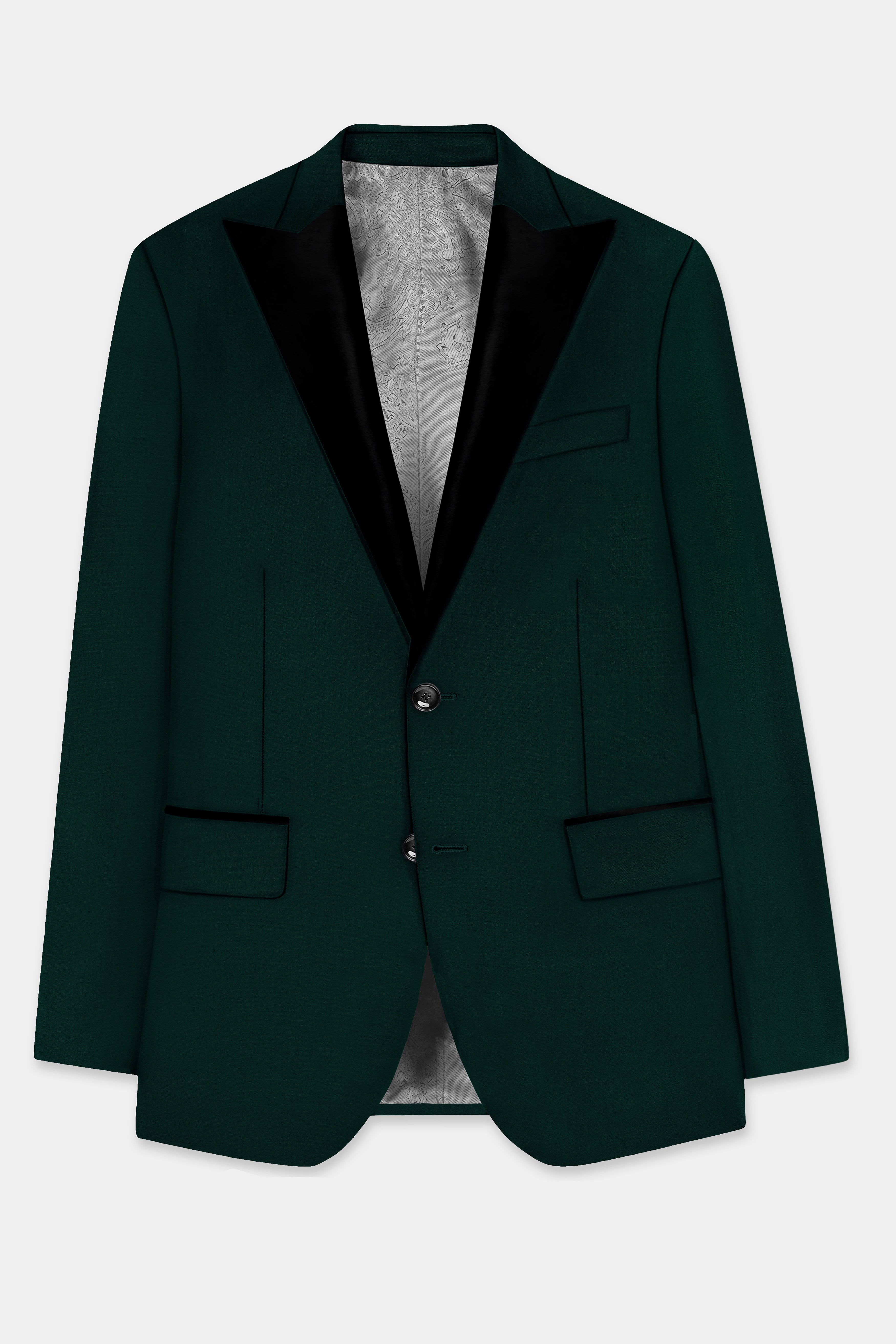 Emerald-Zucchini Green Solid Wool Rich Peak Lapel Tuxedo Slight Stretch Suit