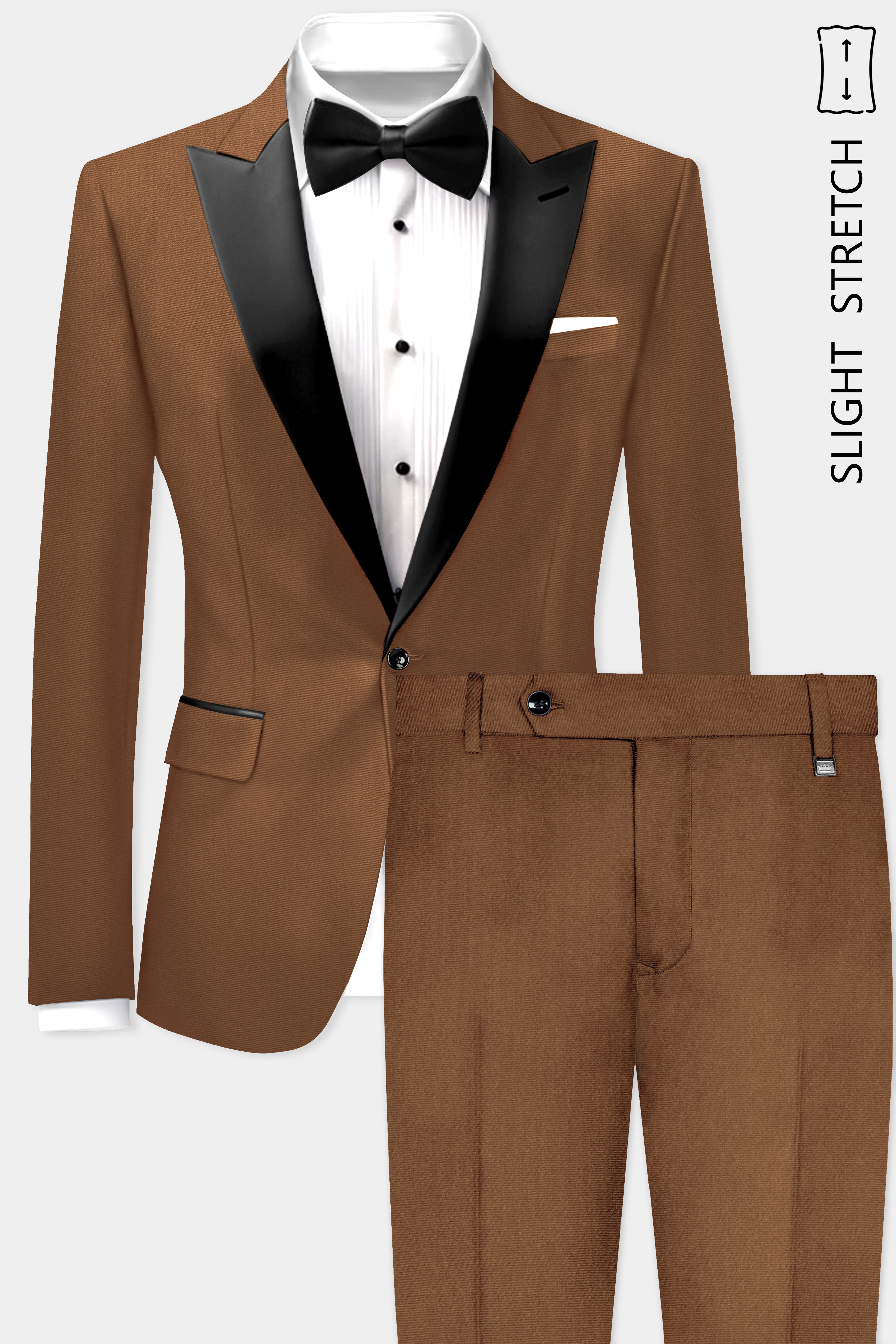 Bronze-Tawny Brown Solid Wool Rich Peak Lapel Tuxedo Slight Stretch Suit