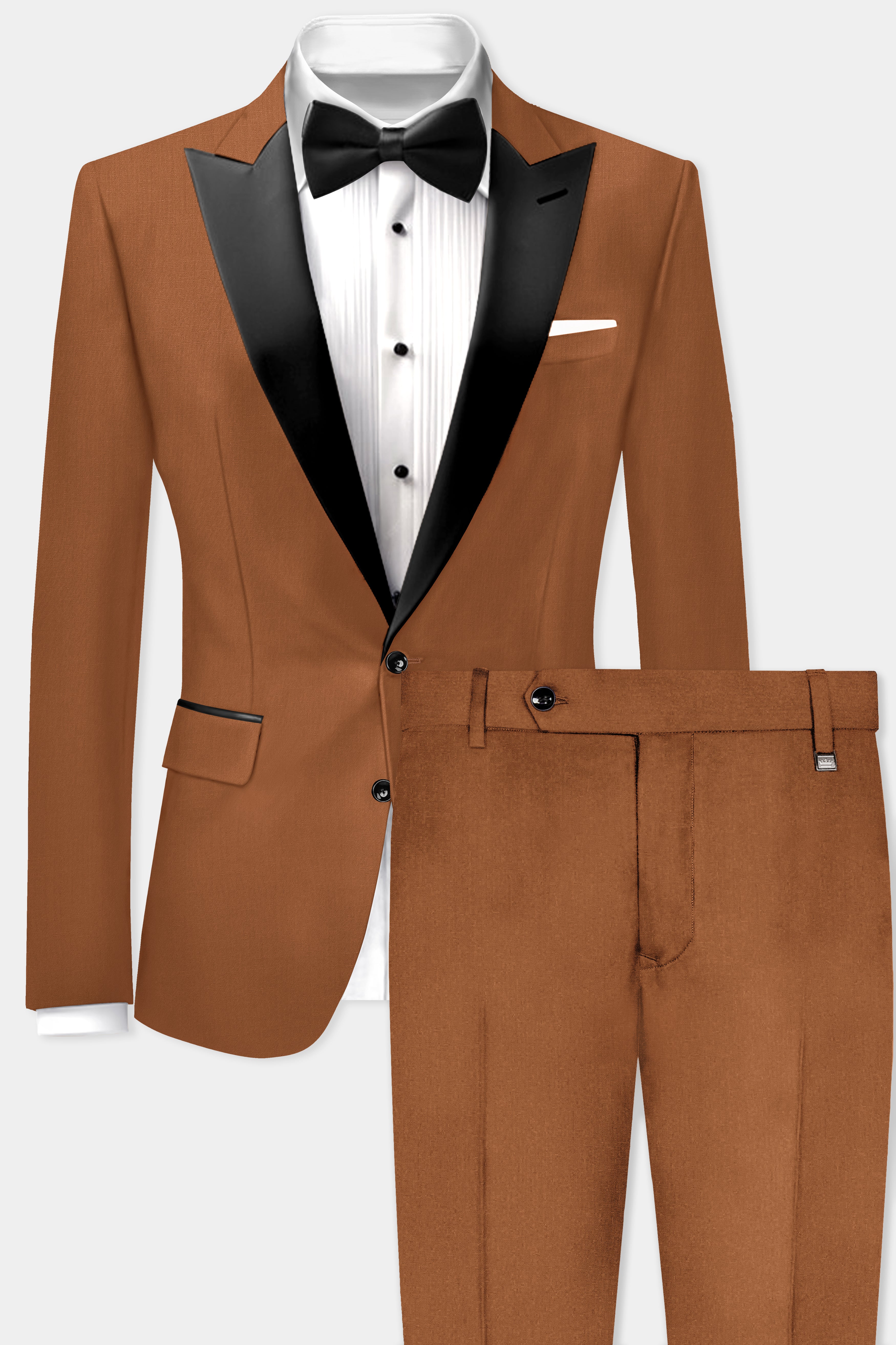 Cinnamon Oak-Sienna Brown Solid Wool Rich Peak Lapel Tuxedo Slight Stretch Suit