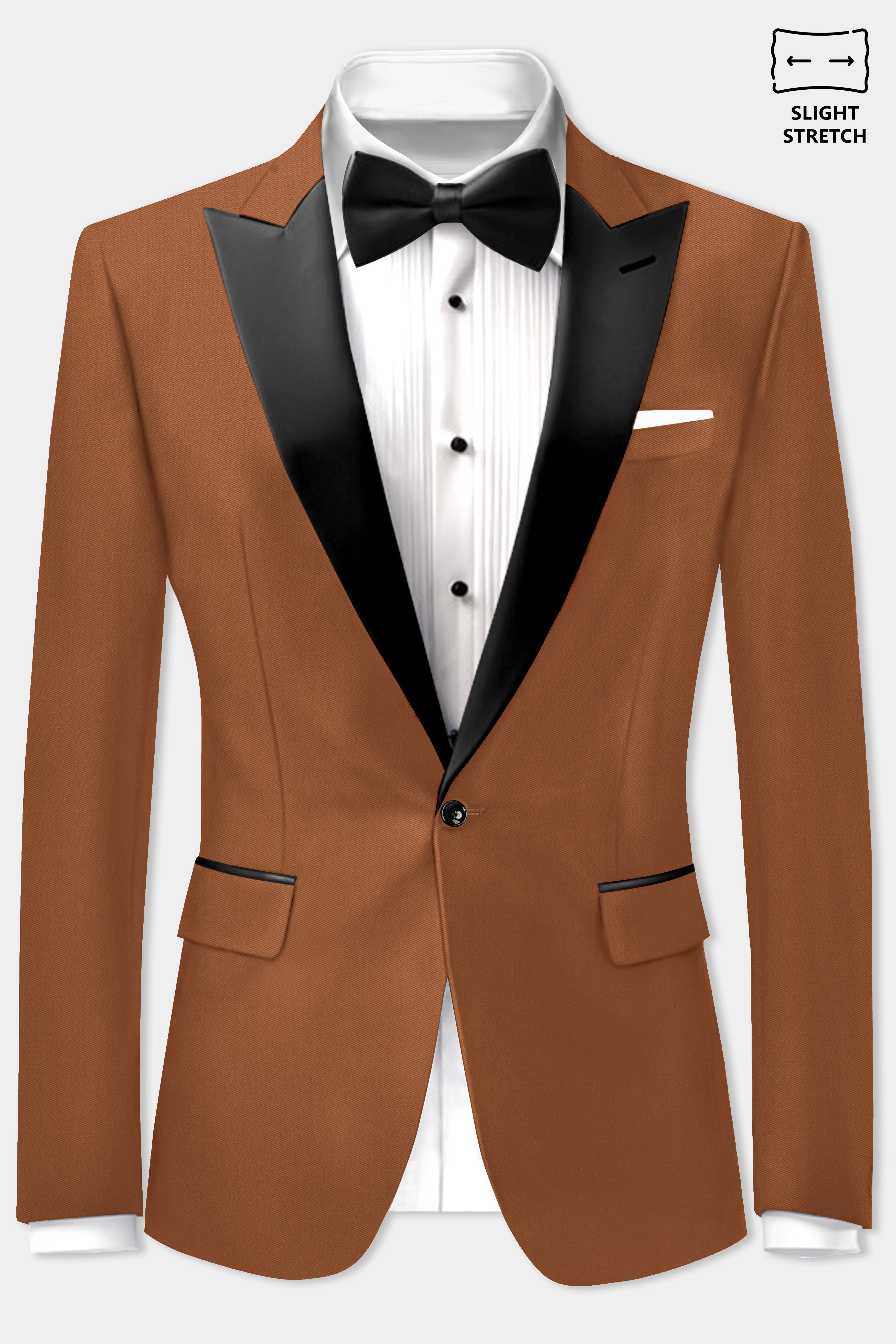 Cinnamon Oak-Sienna Brown Solid Wool Rich Peak Lapel Tuxedo Slight Stretch Blazer