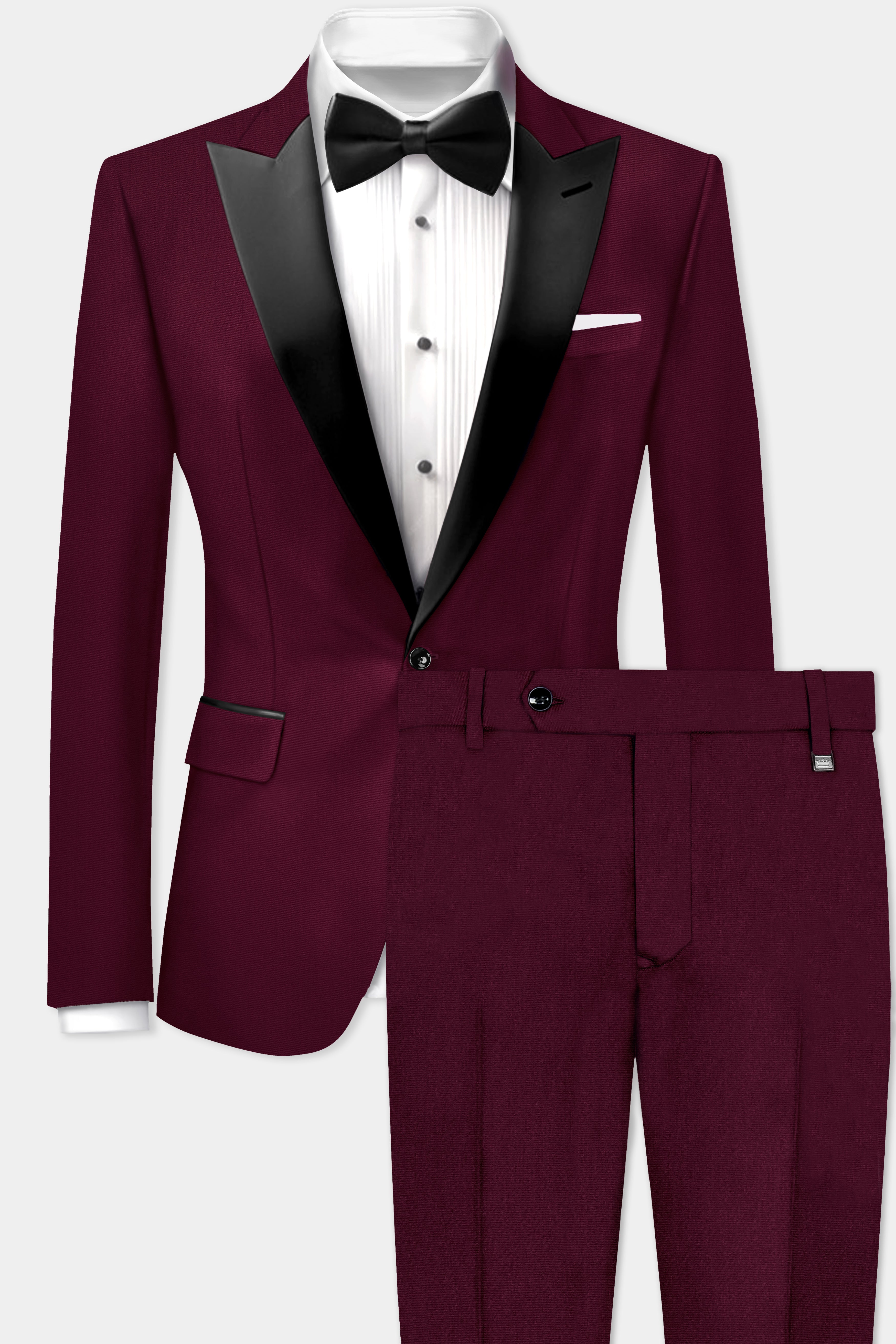 Regal Maroon-Tamarind Solid Wool Rich Peak Lapel Tuxedo Stretchable traveler Suit