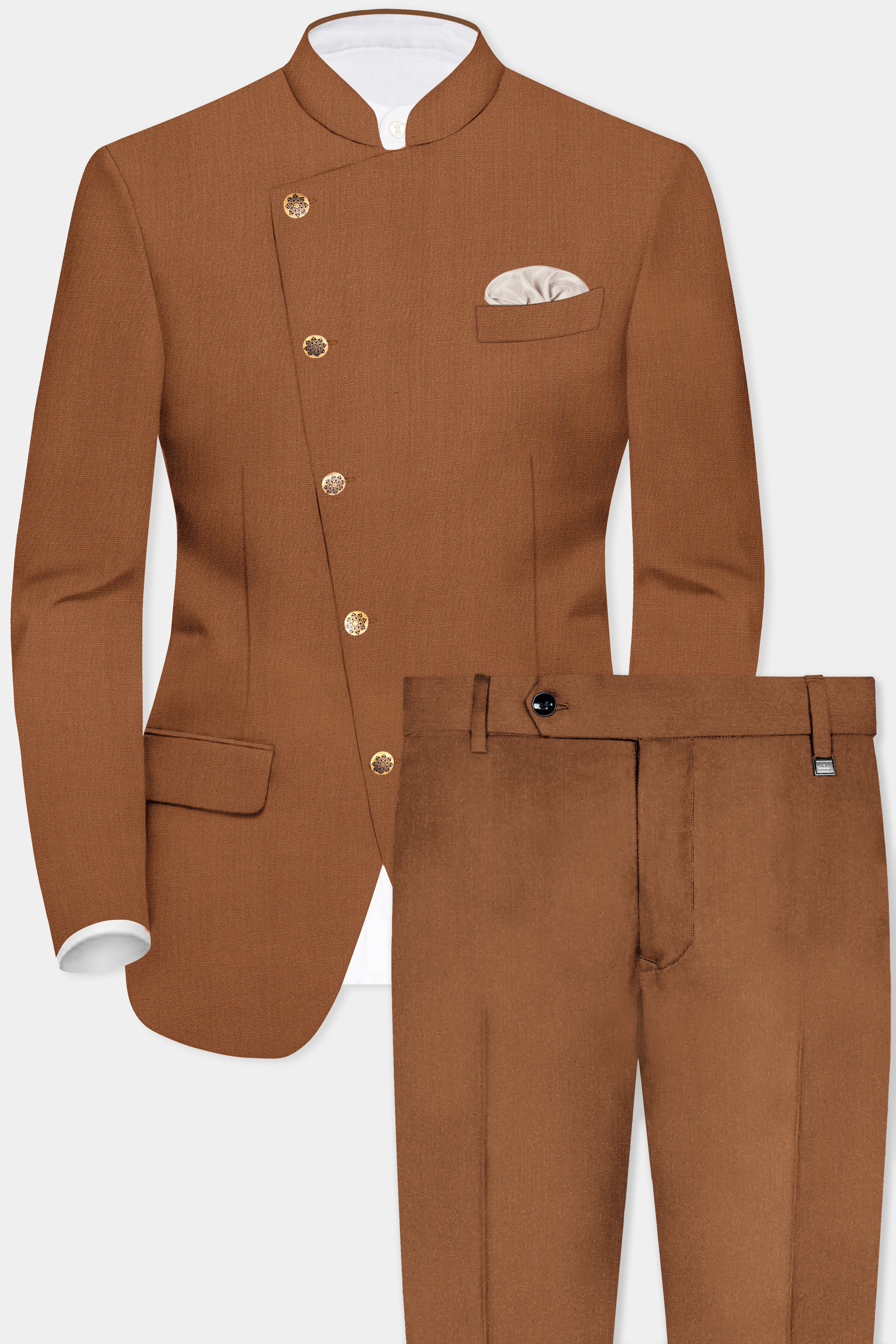 Cinnamon Oak-Sienna Brown Solid Wool Rich Cross Placket Bandhgala Slight Stretch Suit