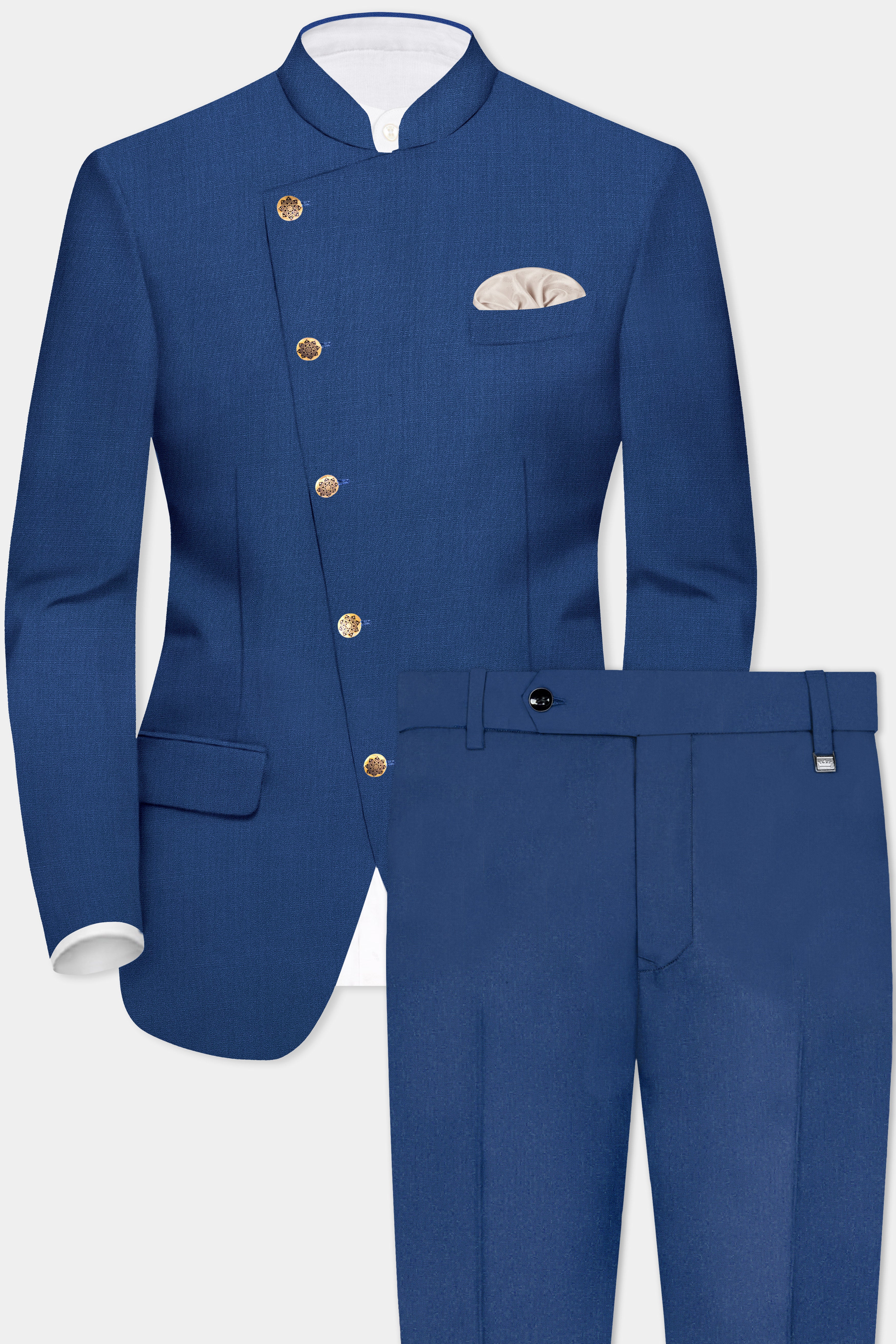 Cerulean Elite-Cobalt Blue Solid Wool Rich Cross Placket Bandhgala Stretchable traveler Suit