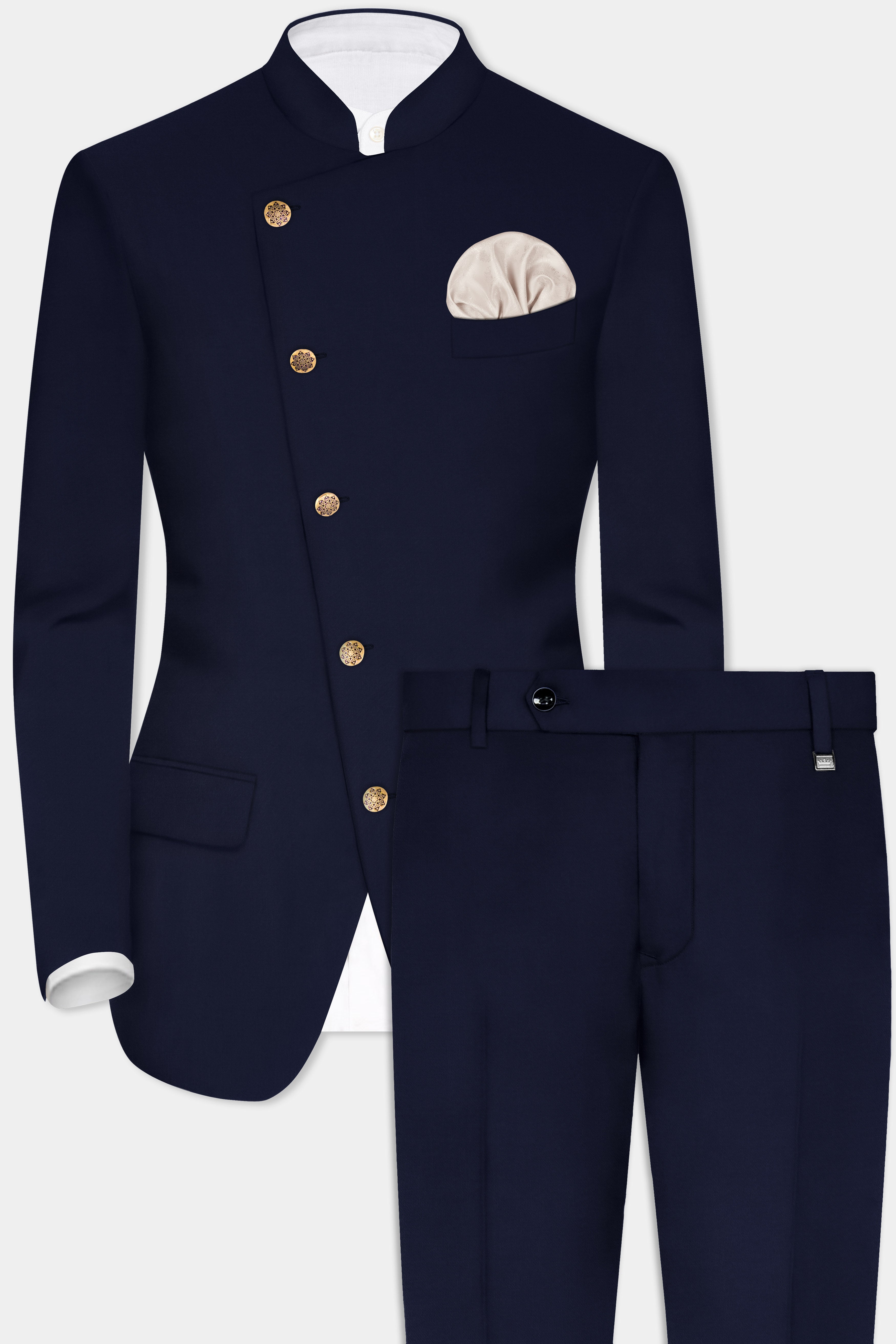 Blue Subtle Sheen Cross Placket Bandhgala/Mandarin Wool-Silk blend Suit