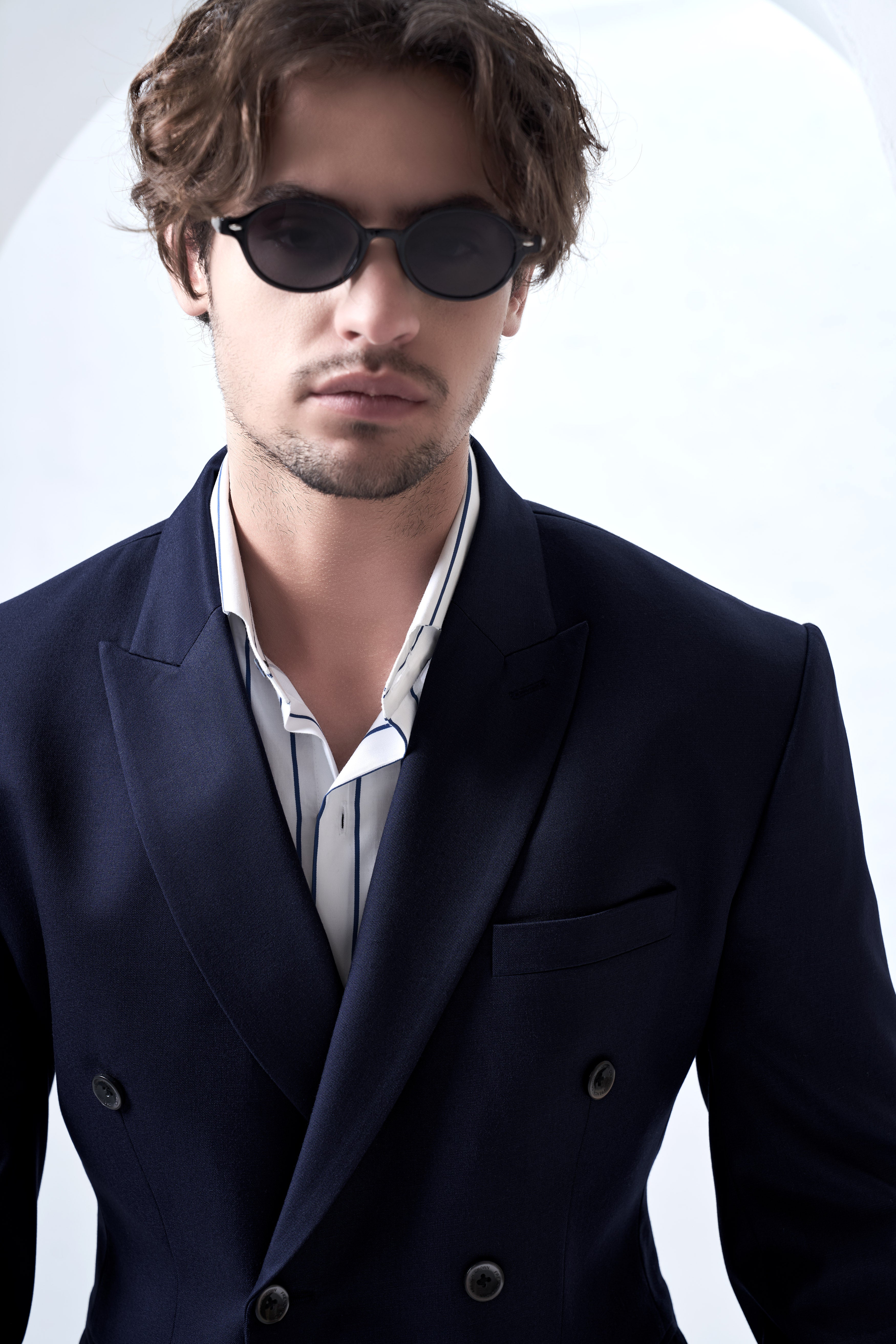 Navy Subtle Sheen Wool Blend Double Breasted Suit