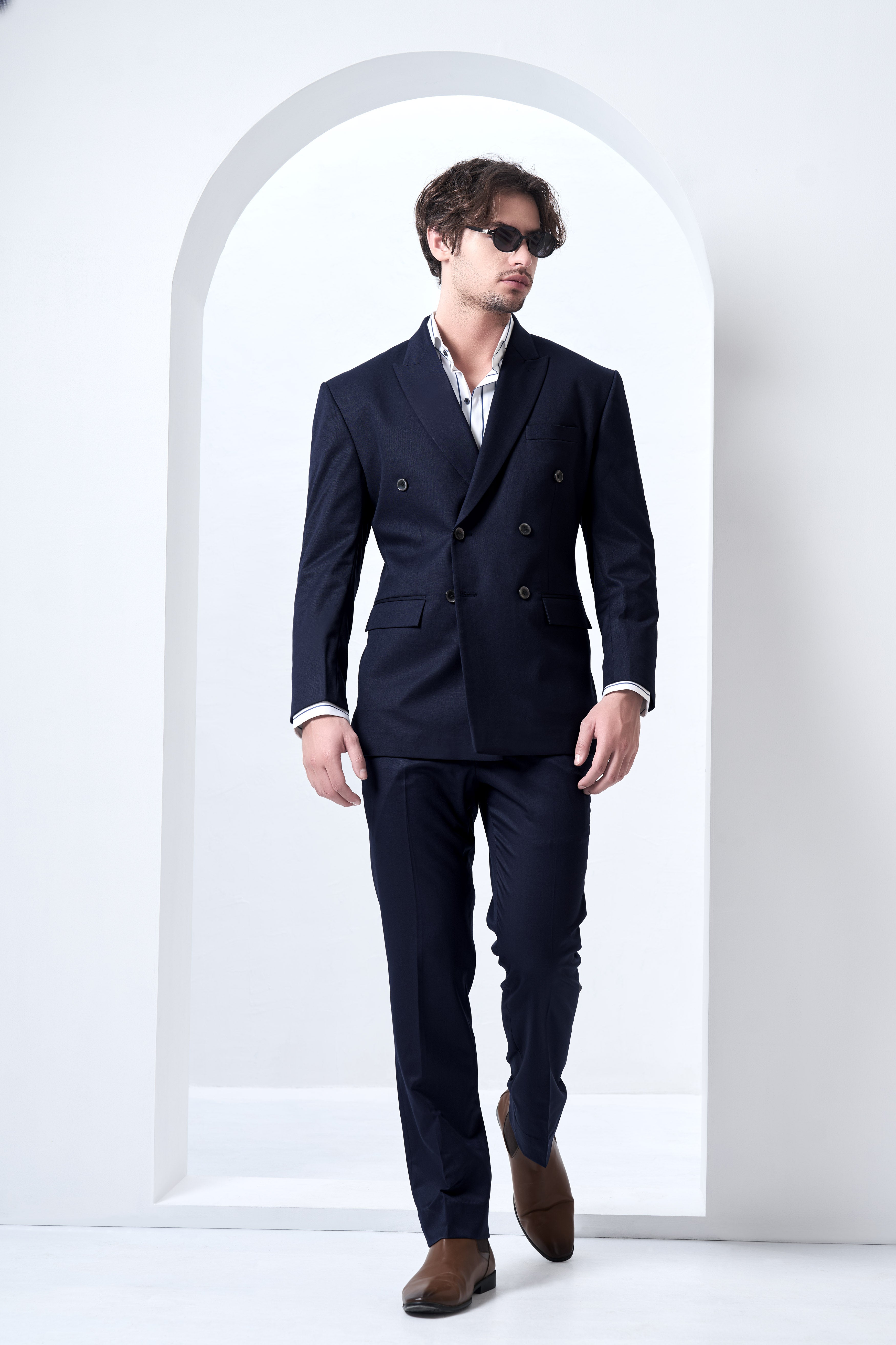 Navy Subtle Sheen Wool Blend Double Breasted Suit
