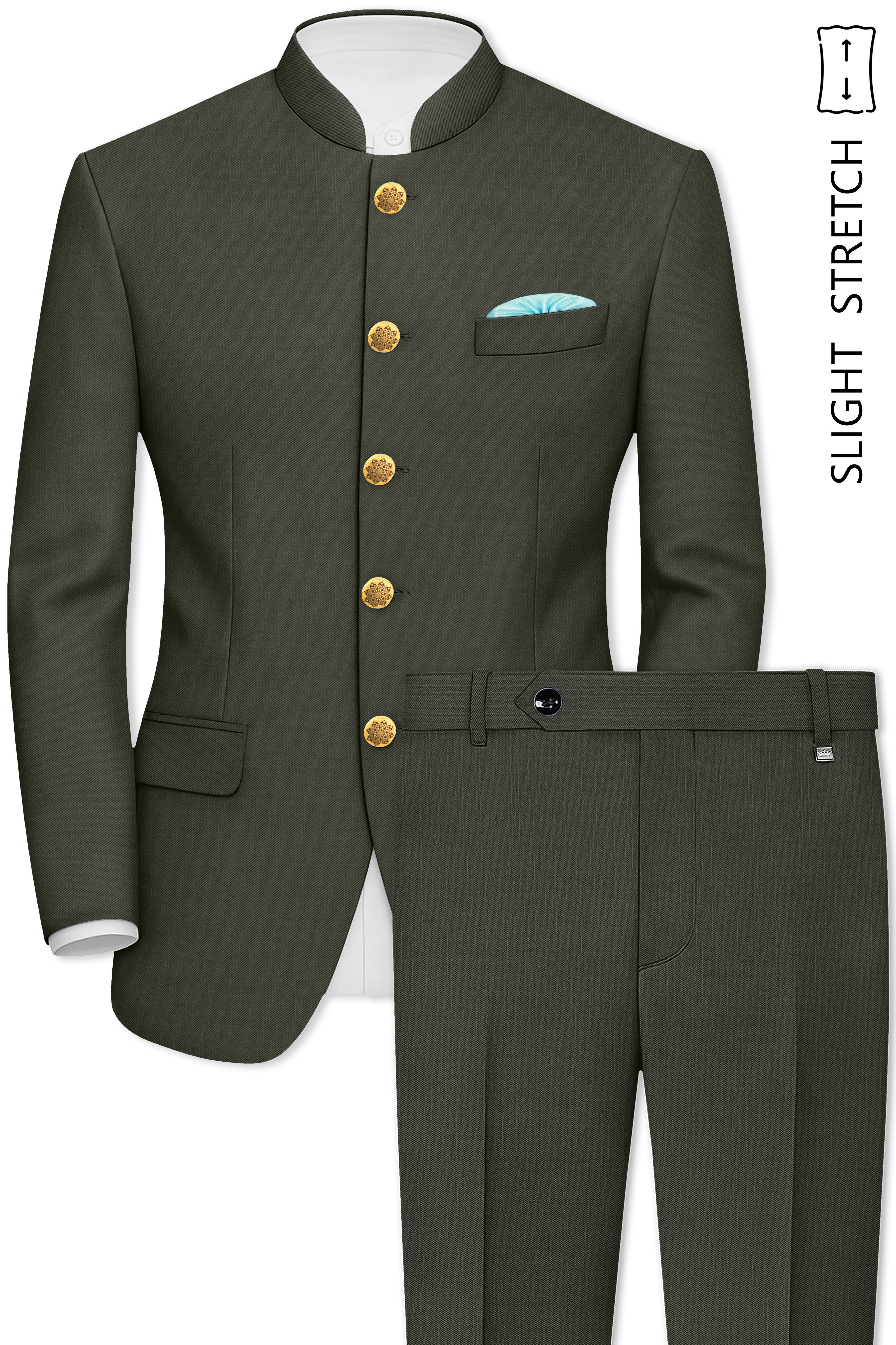 Verdant Majesty-Juniper Green Solid Wool Rich Bandhgala Slight Stretch Suit