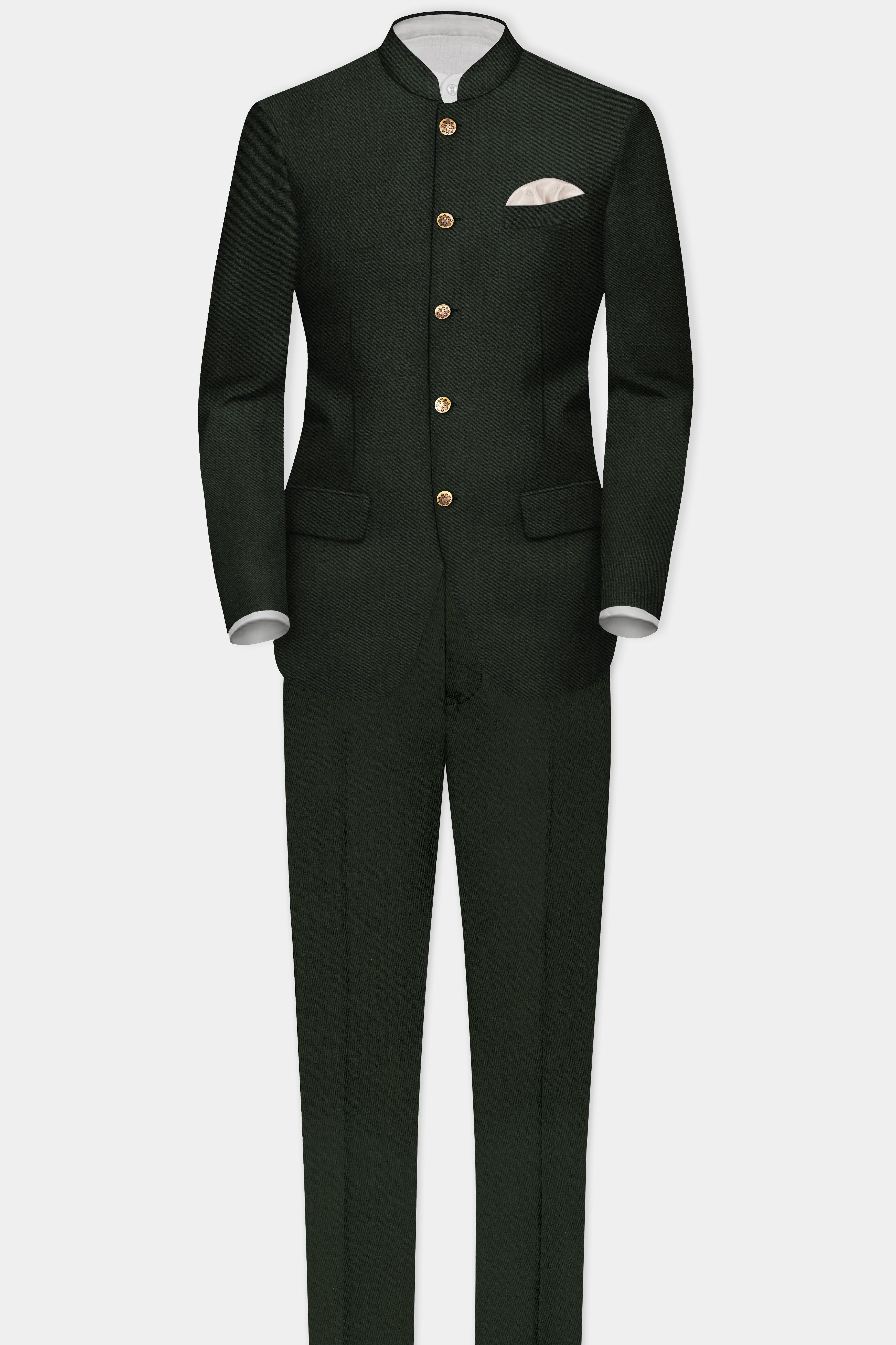 Verdant Majesty-Juniper Green Solid Wool Rich Bandhgala Slight Stretch Suit