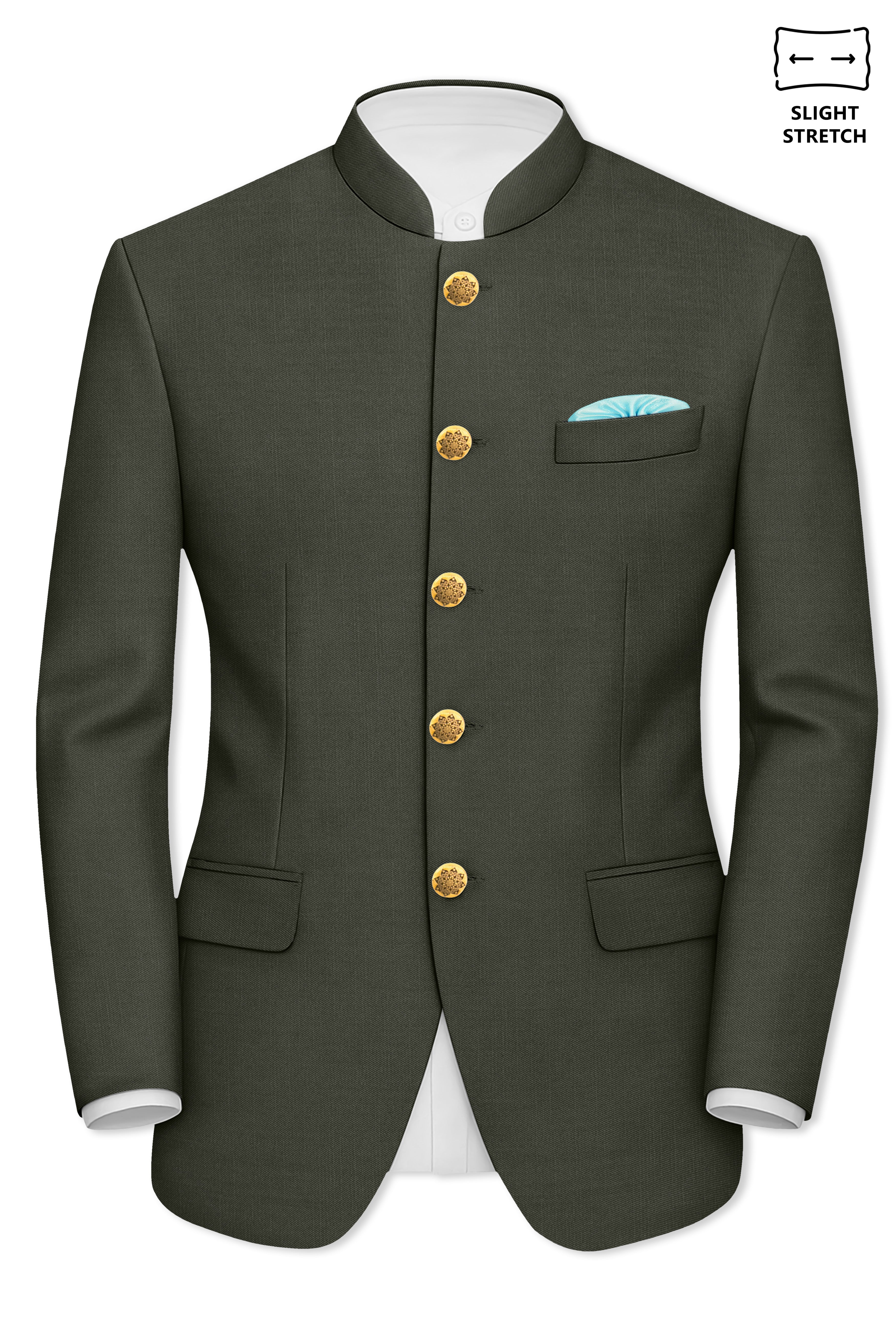 Verdant Majesty-Juniper Green Solid Wool Rich Bandhgala Slight Stretch Suit
