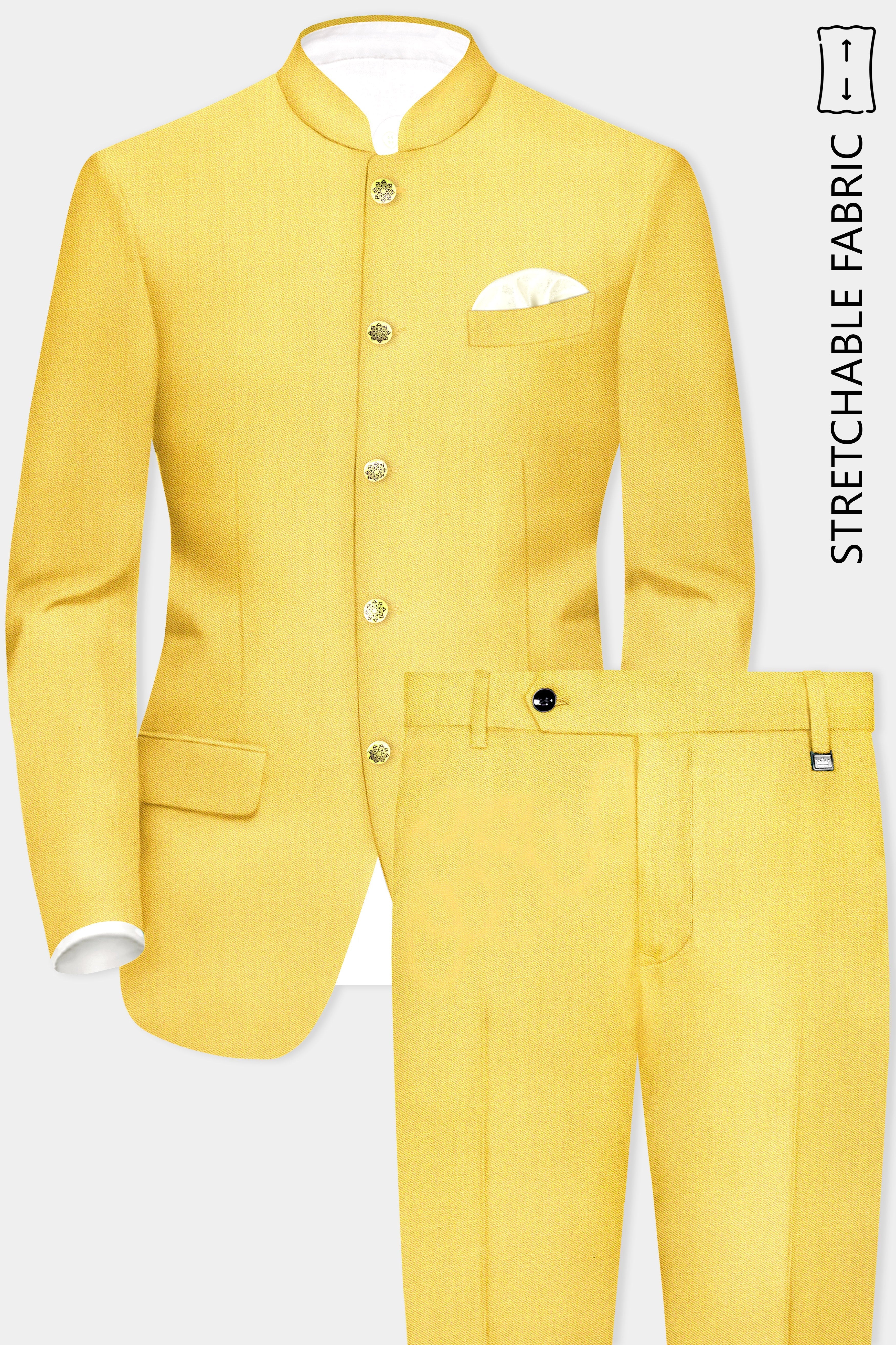 Saffron Elegance-Lemon Yellow Solid Wool Rich Bandhgala Slight Stretch Suit