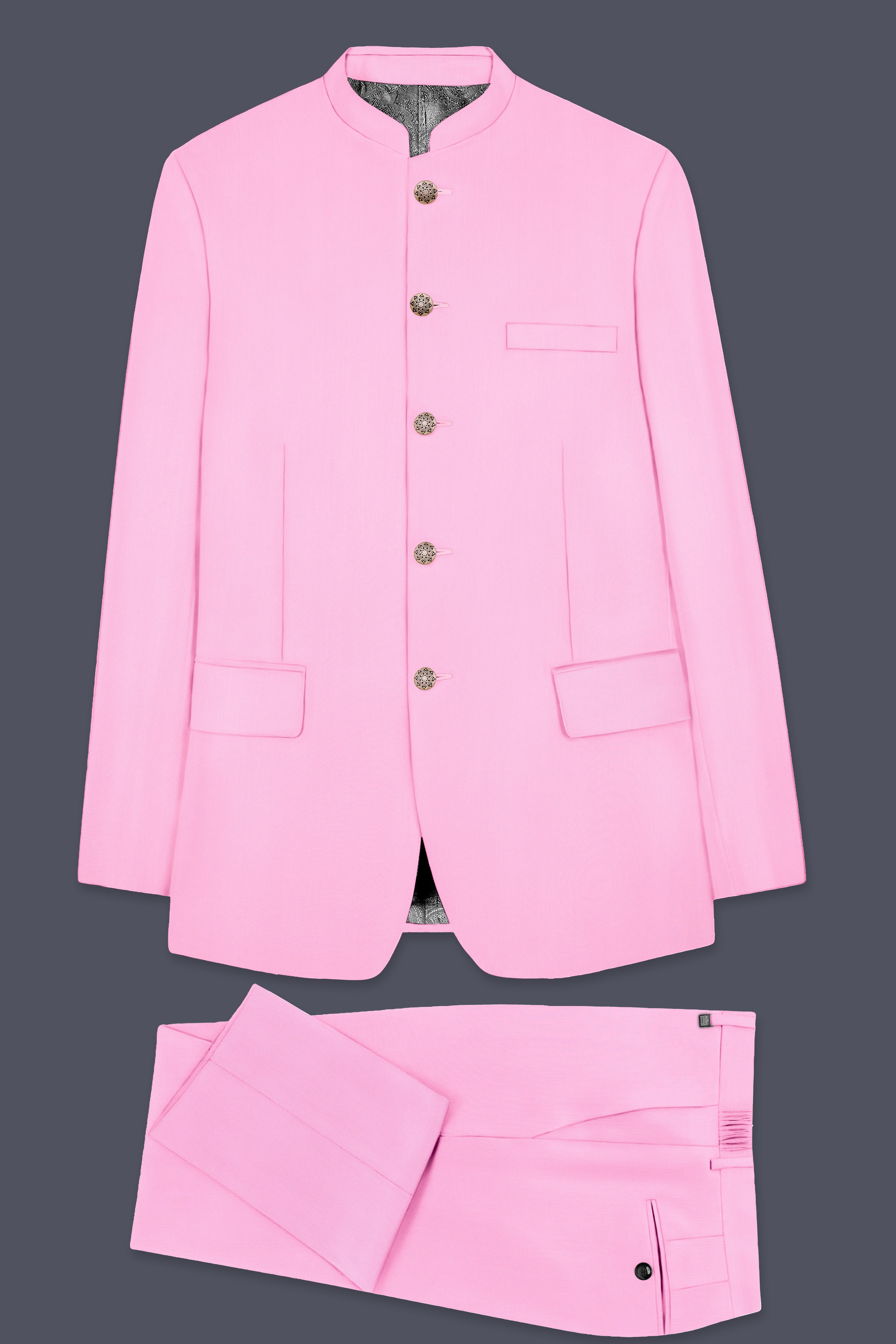 Rosé Reverie-Pestel Pink Solid Wool Rich Bandhgala Slight Stretch Suit