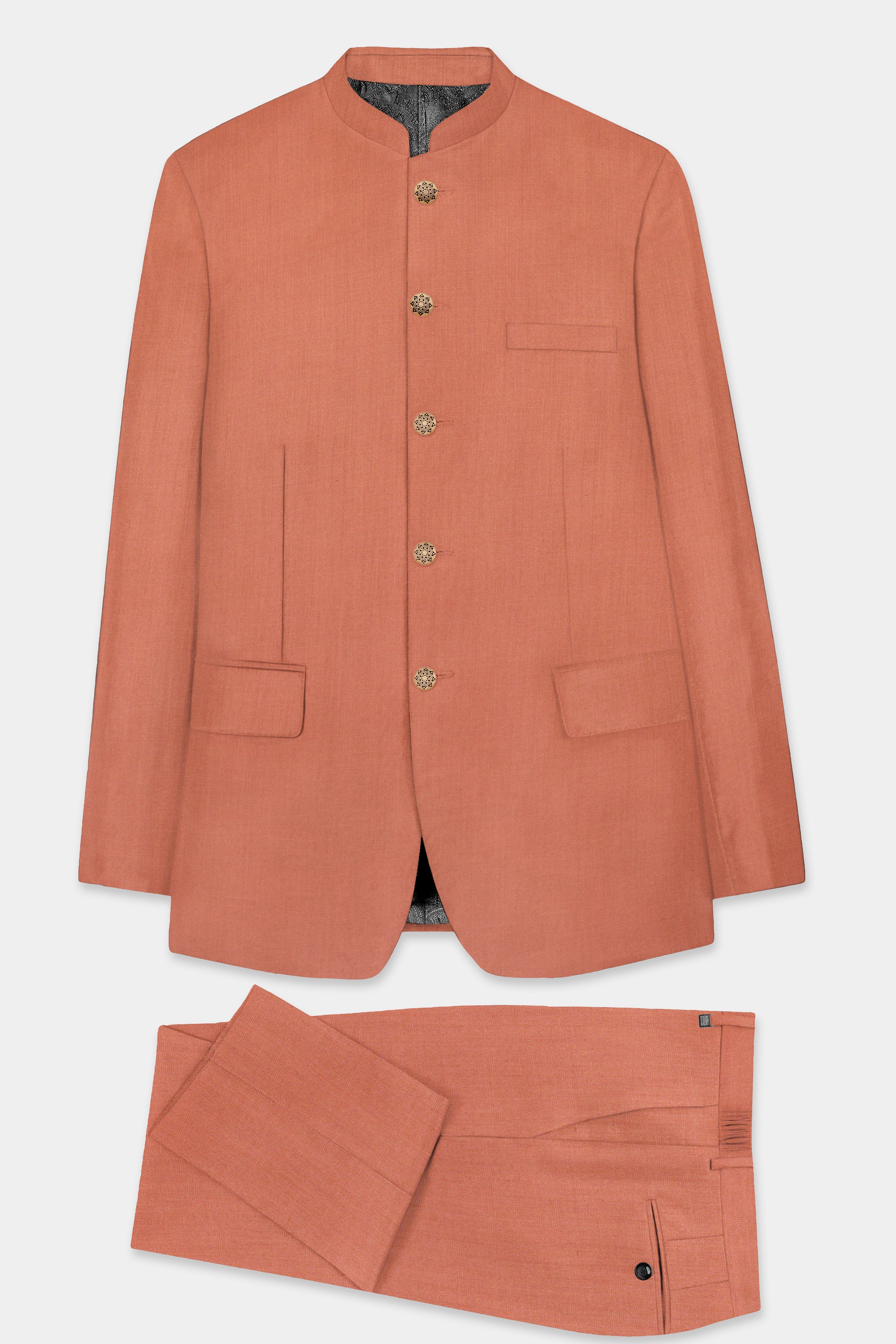 Spiced Sunset-Salmon Orange Solid Wool Rich Bandhgala Stretchable traveler Suit