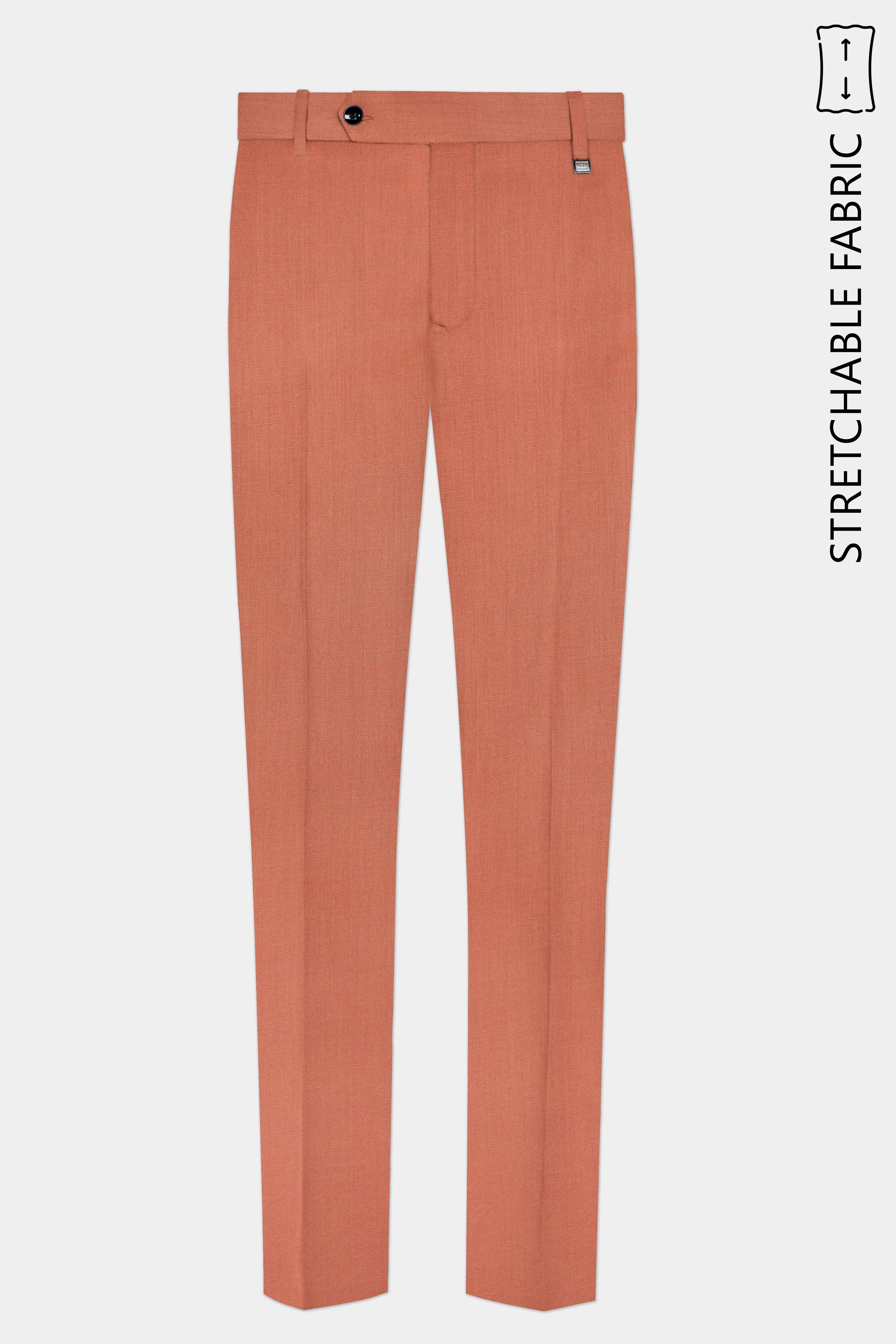 Spiced Sunset-Salmon Orange Solid Wool Rich Bandhgala Stretchable traveler Suit