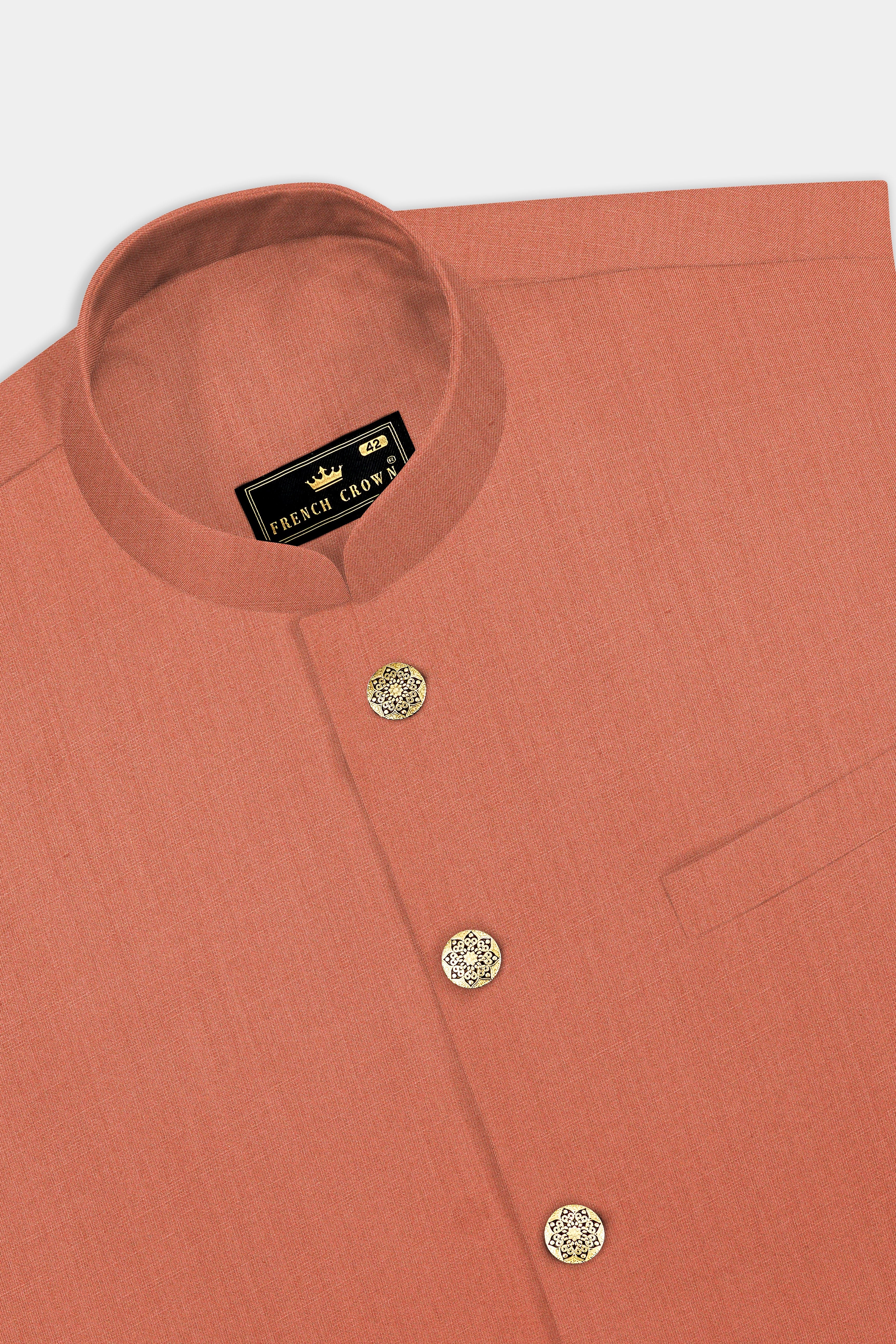 Spiced Sunset-Salmon Orange Solid Wool Rich Bandhgala Stretchable traveler Suit