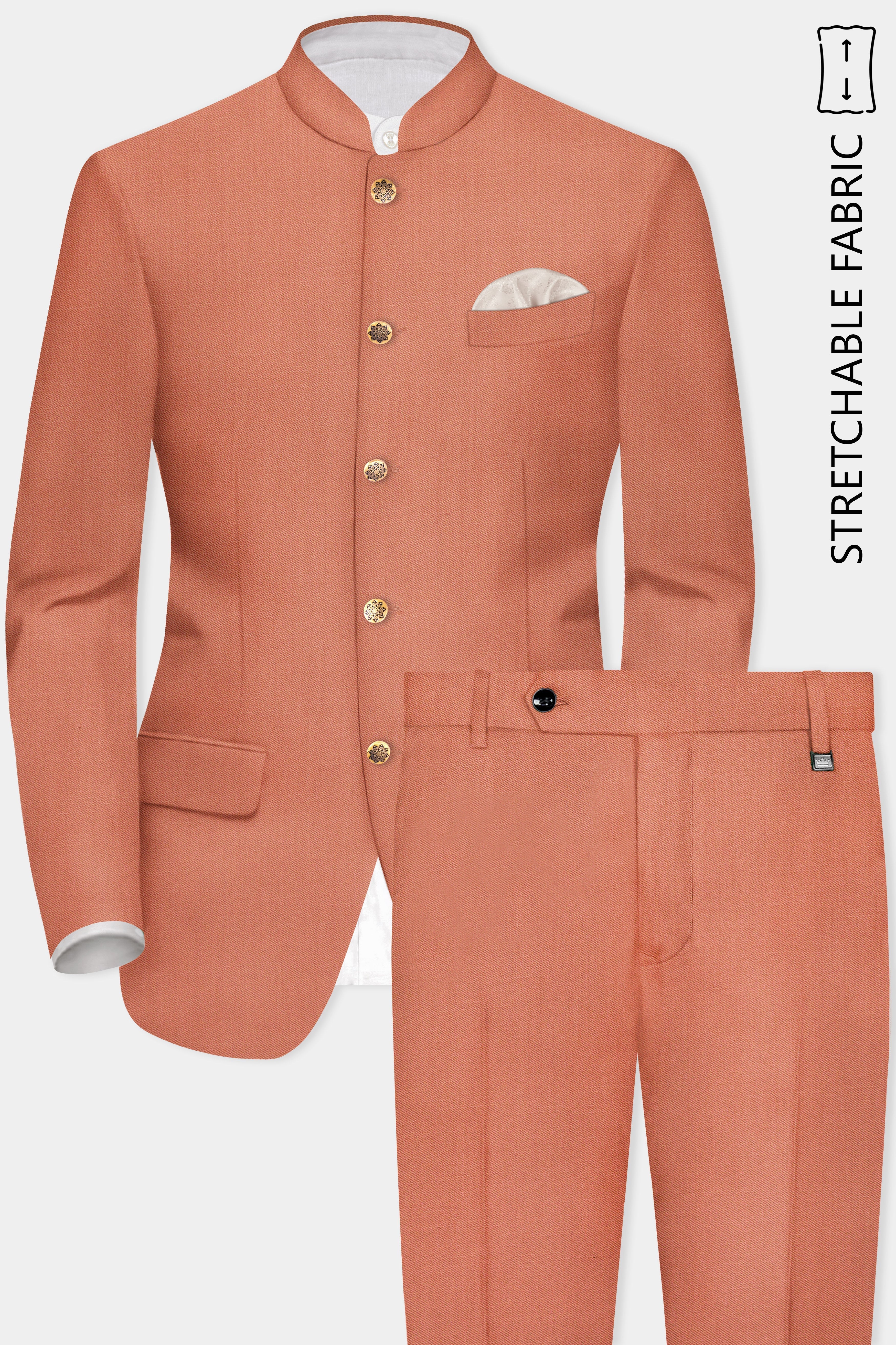 Spiced Sunset-Salmon Orange Solid Wool Rich Bandhgala Stretchable traveler Suit