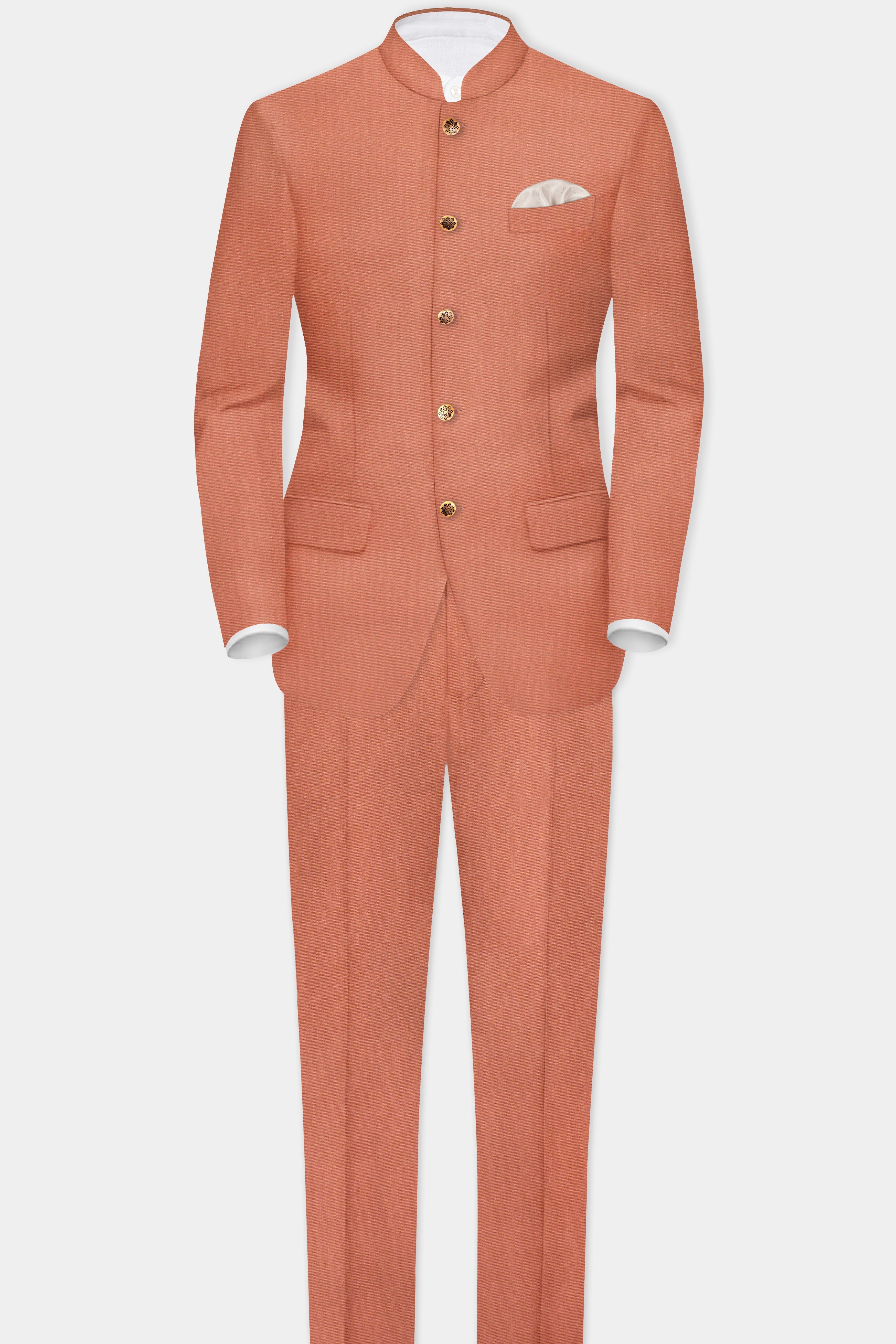 Spiced Sunset-Salmon Orange Solid Wool Rich Bandhgala Stretchable traveler Suit