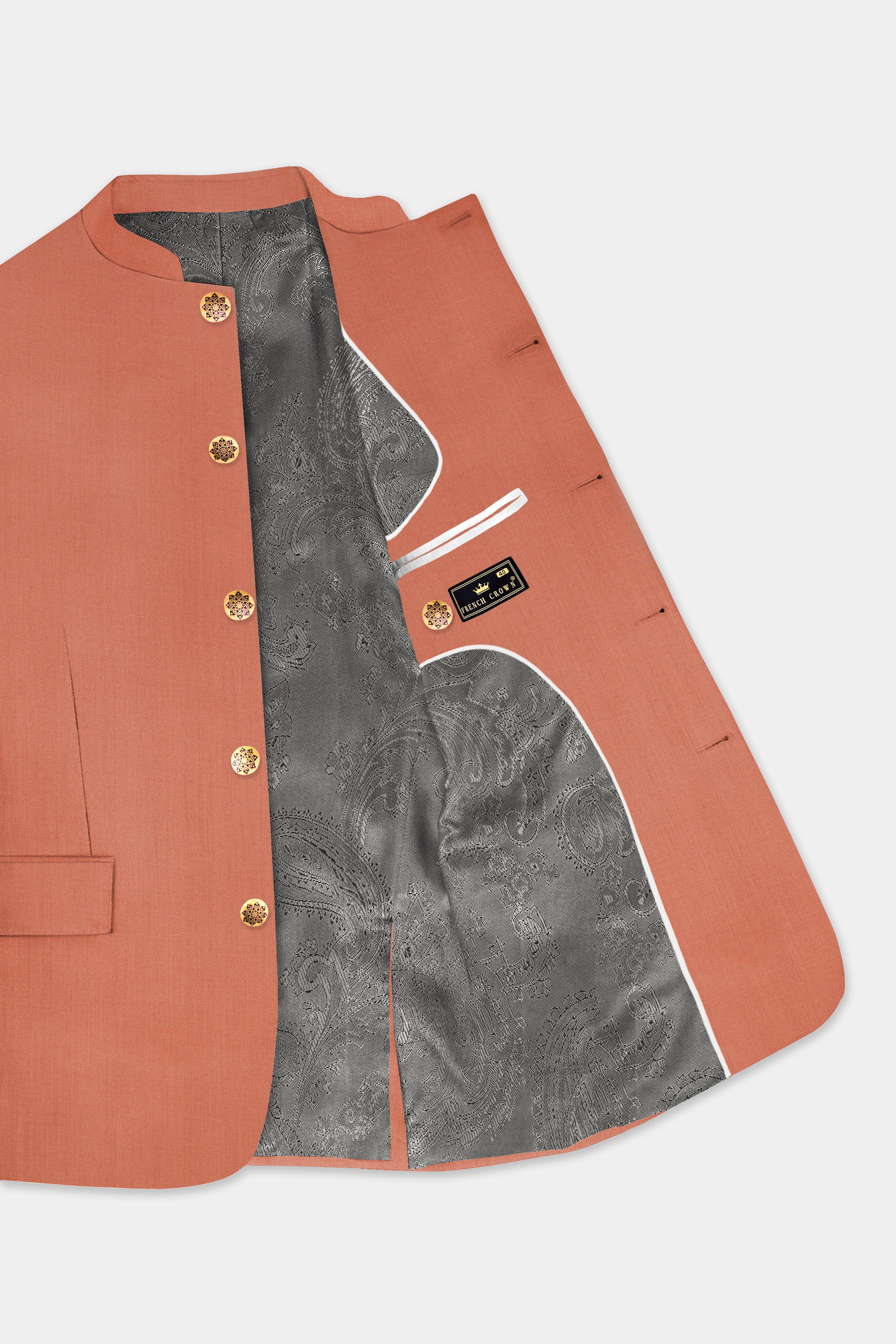 Spiced Sunset-Salmon Orange Solid Wool Rich Bandhgala Stretchable traveler Suit