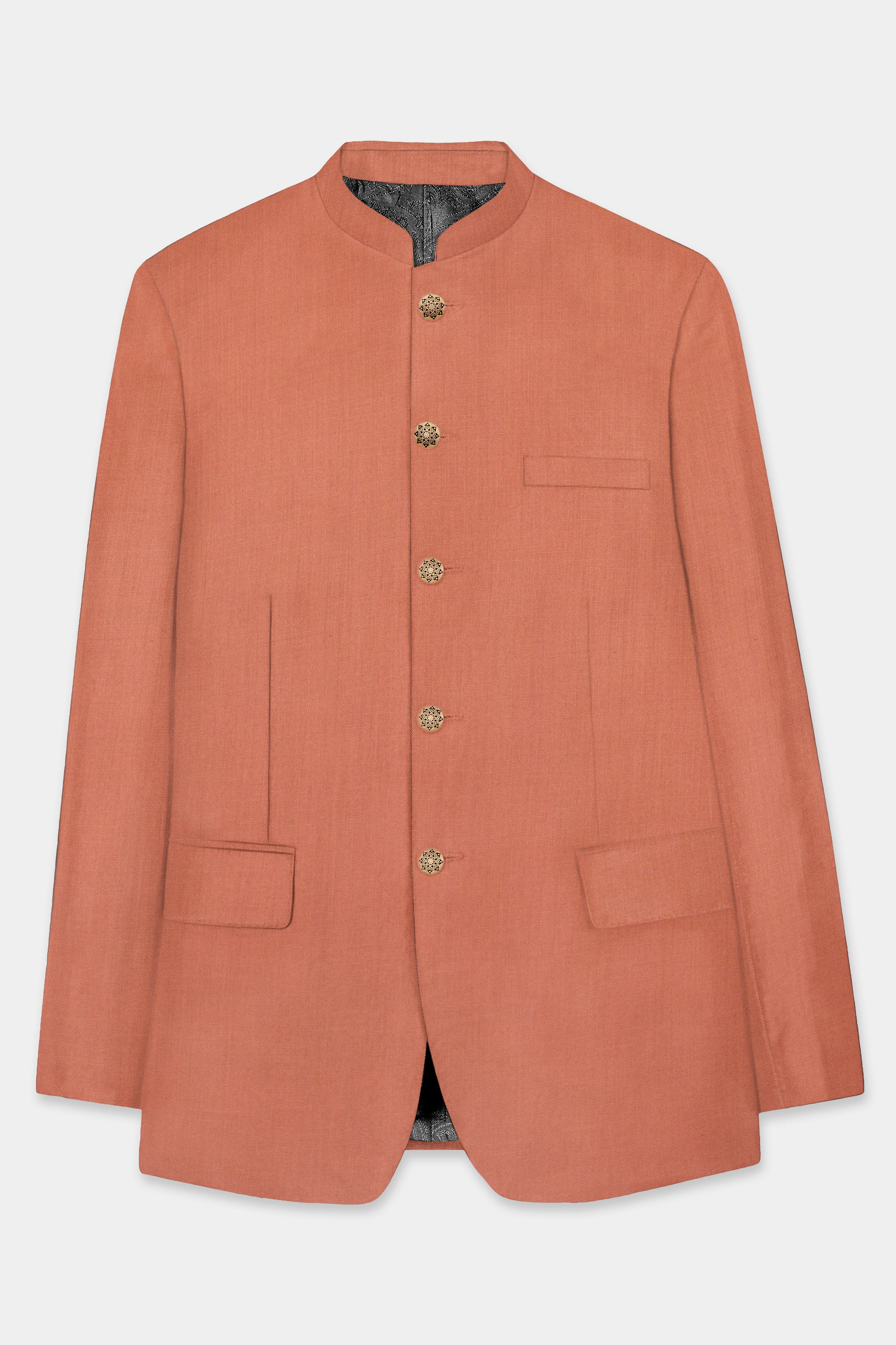Spiced Sunset-Salmon Orange Solid Wool Rich Bandhgala Stretchable traveler Suit