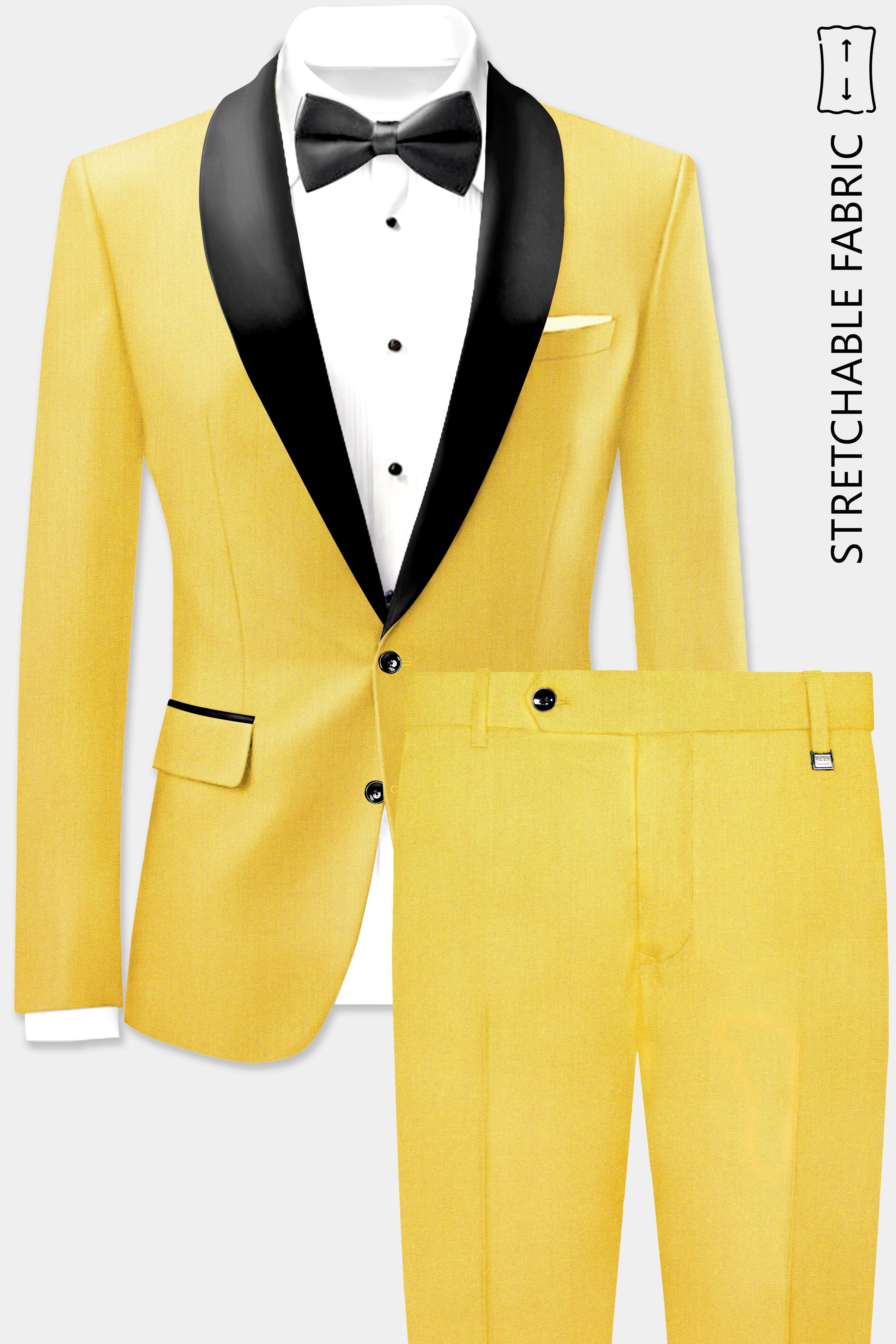 Saffron Elegance-Lemon Yellow Solid Wool Rich Tuxedo Slight Stretch Suit