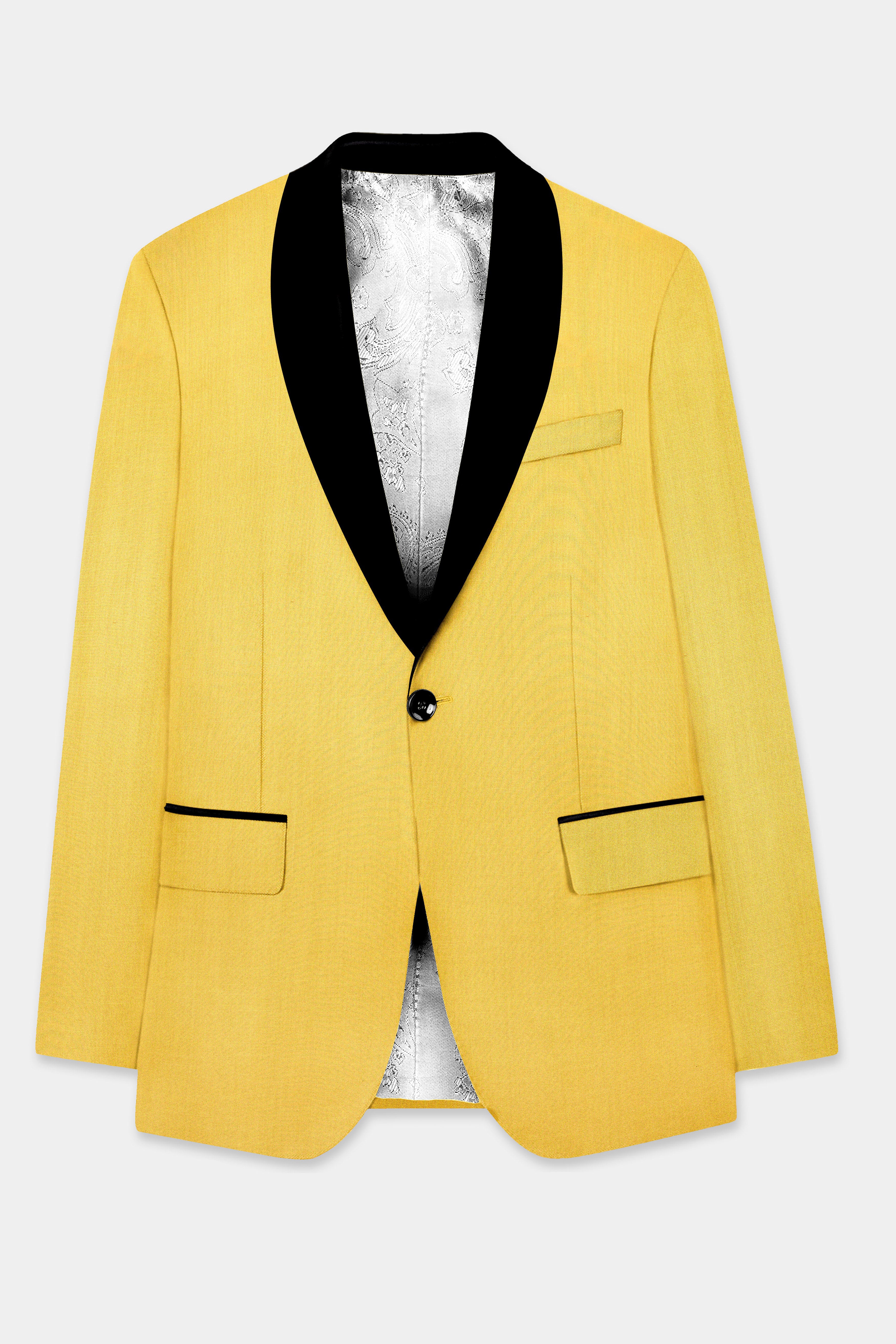 Saffron Elegance-Lemon Yellow Solid Wool Rich Tuxedo Slight Stretch Suit