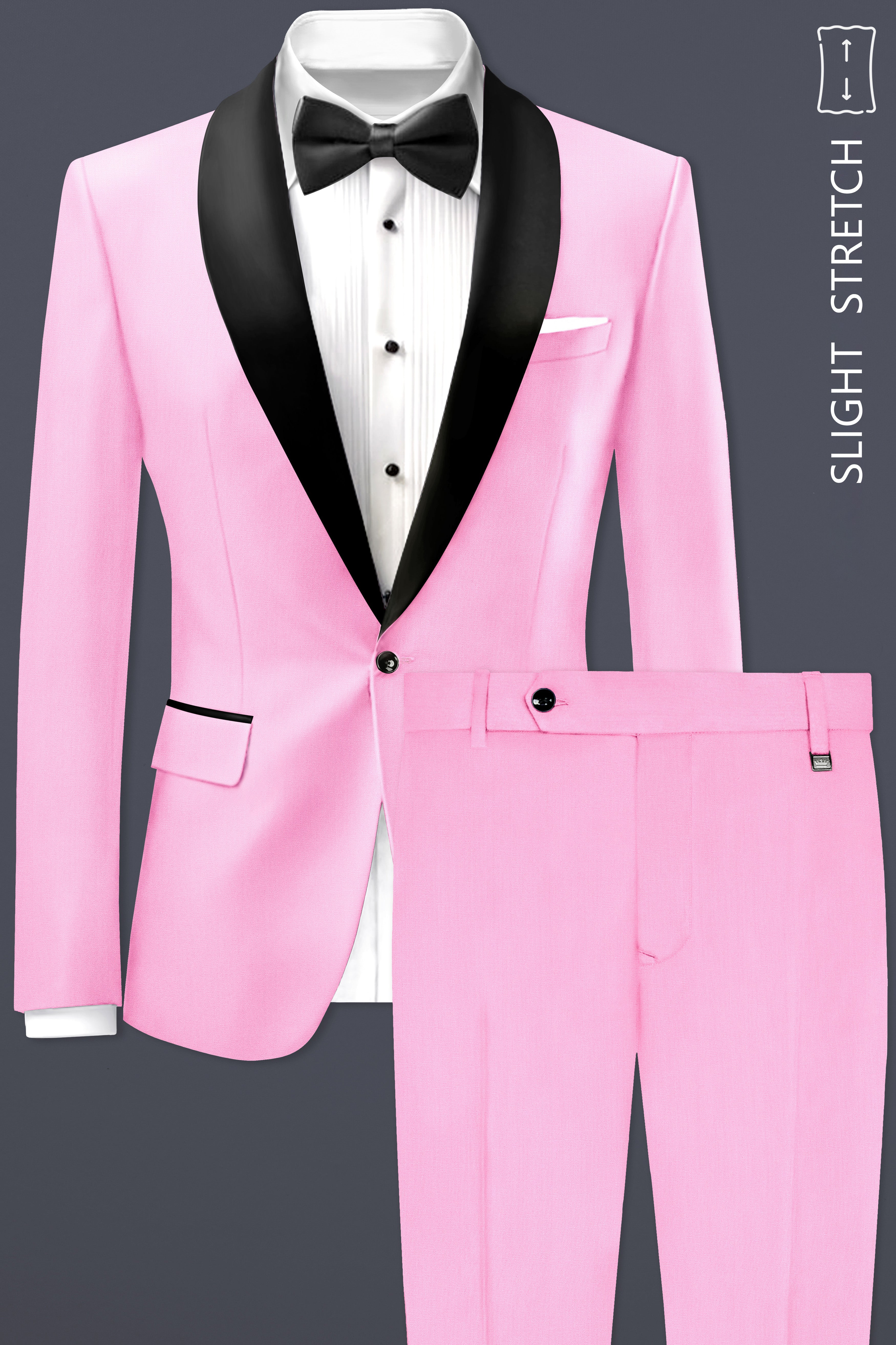 Rosé Reverie-Pestel Pink Solid Wool Rich Tuxedo Slight Stretch Suit