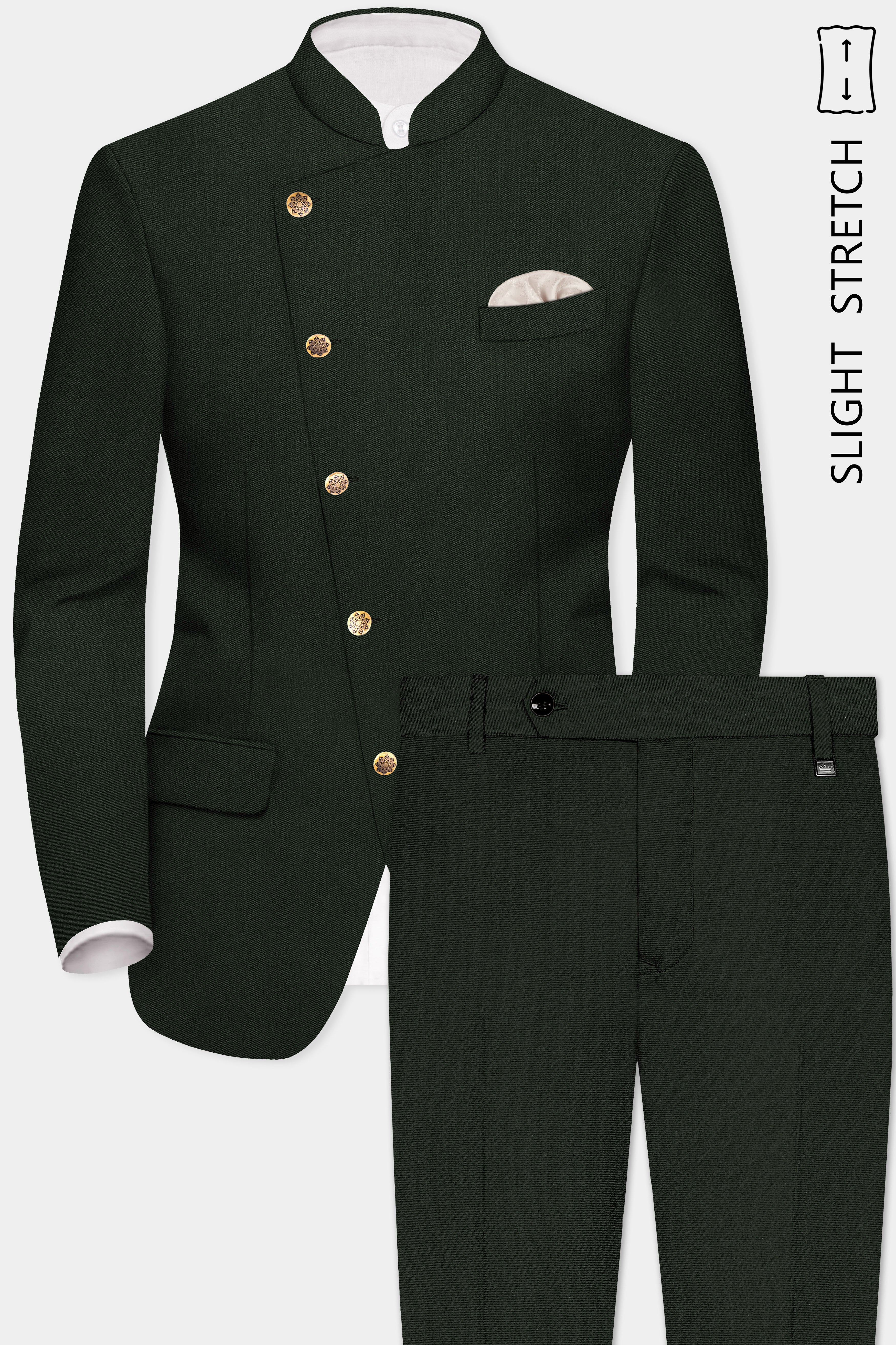Verdant Majesty-Juniper Green Solid Wool Rich Cross Placket Bandhgala Slight Stretch Suit