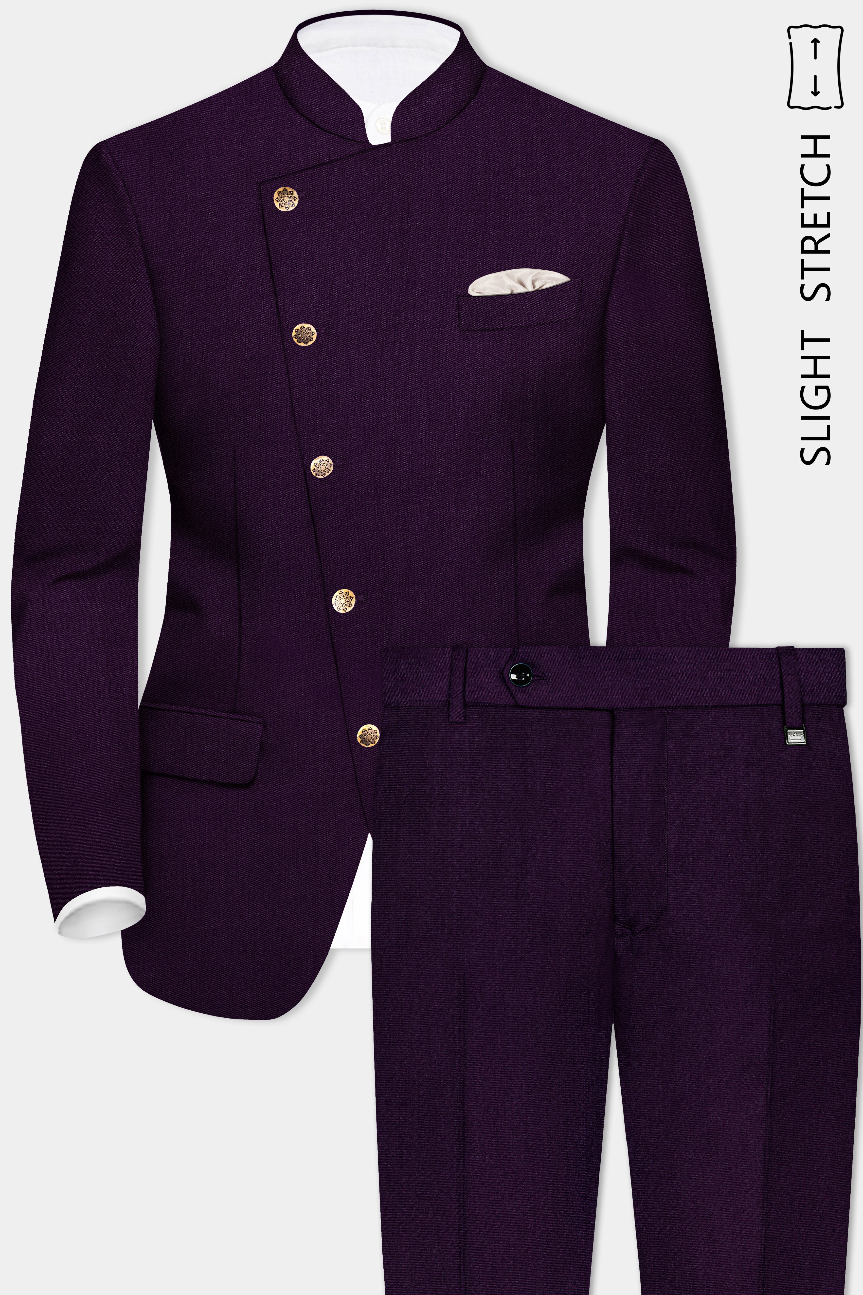 Regal Plum-Eggplant Purple Solid Wool Rich Cross Placket Bandhgala Slight Stretch Suit