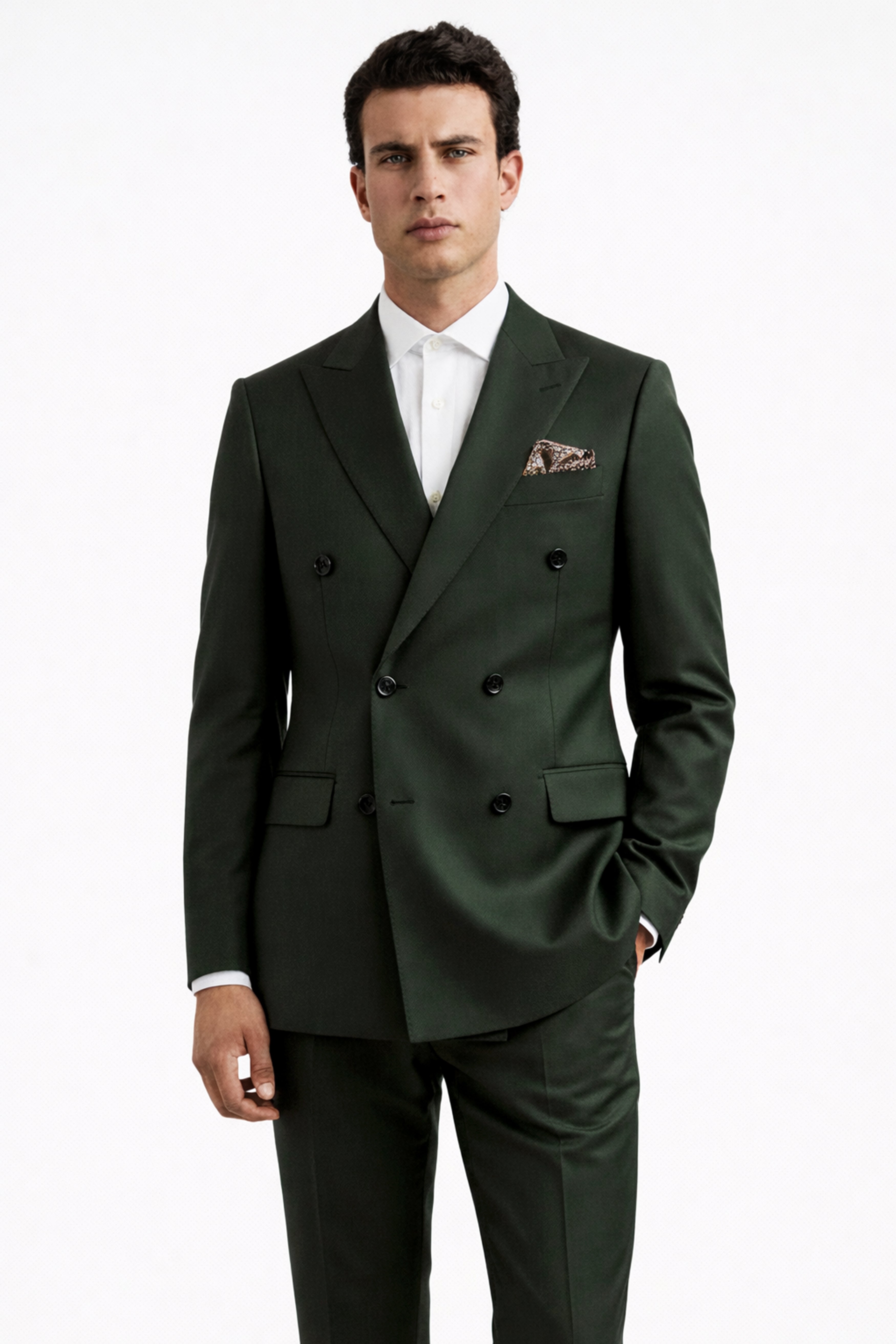 Verdant Majesty-Juniper Green Solid Wool Rich Double Breasted Slight Stretch Suit