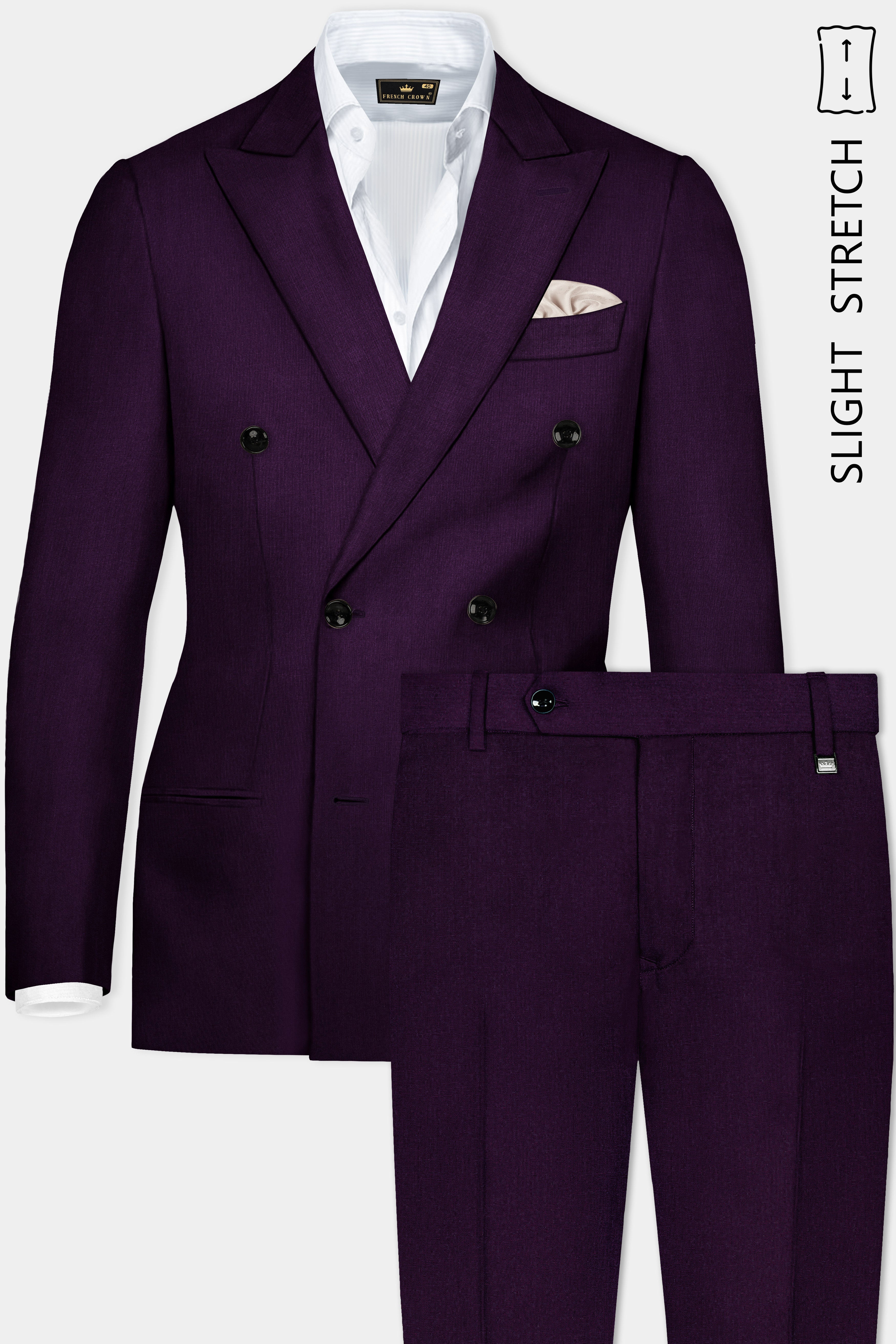 Regal Plum-Eggplant Purple Solid Wool Rich Double Breasted Slight Stretch Suit