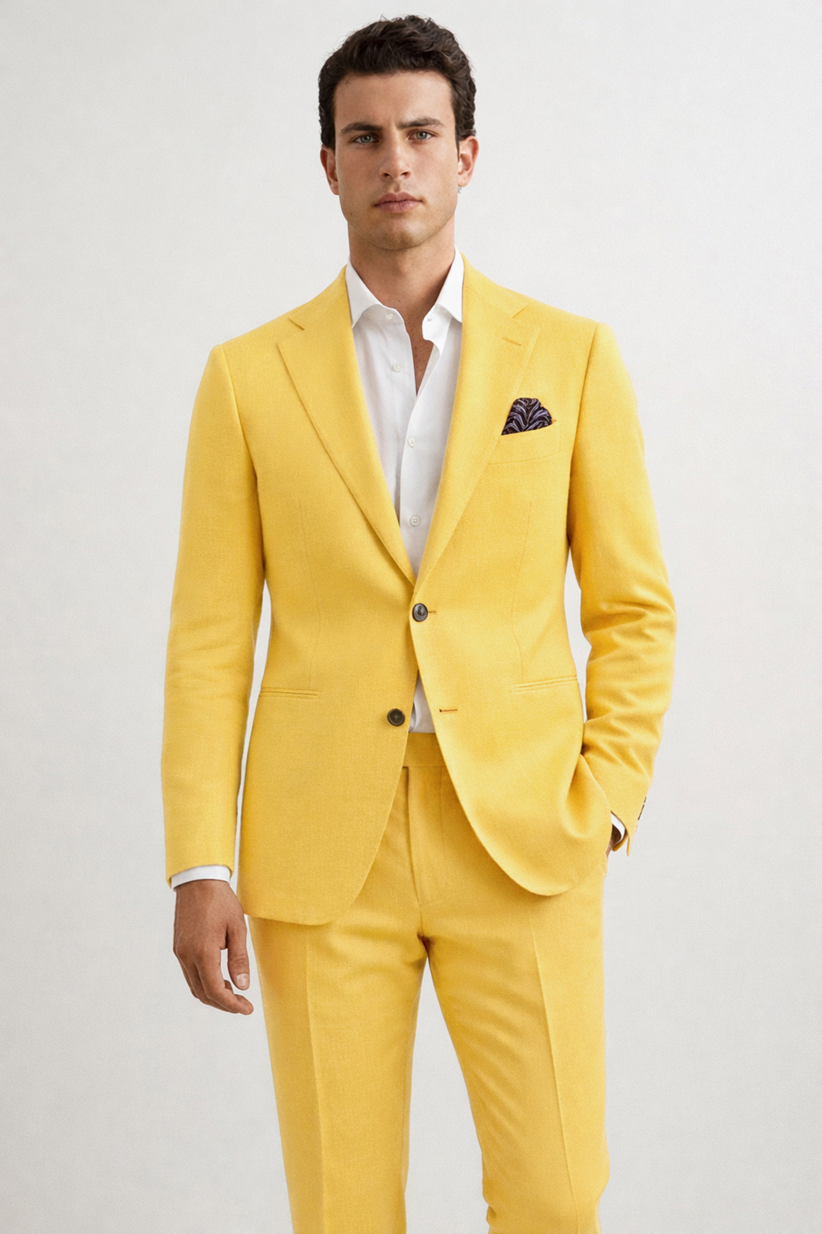 Saffron Elegance-Lemon Yellow Solid Wool Rich Single Breasted Slight Stretch Suit