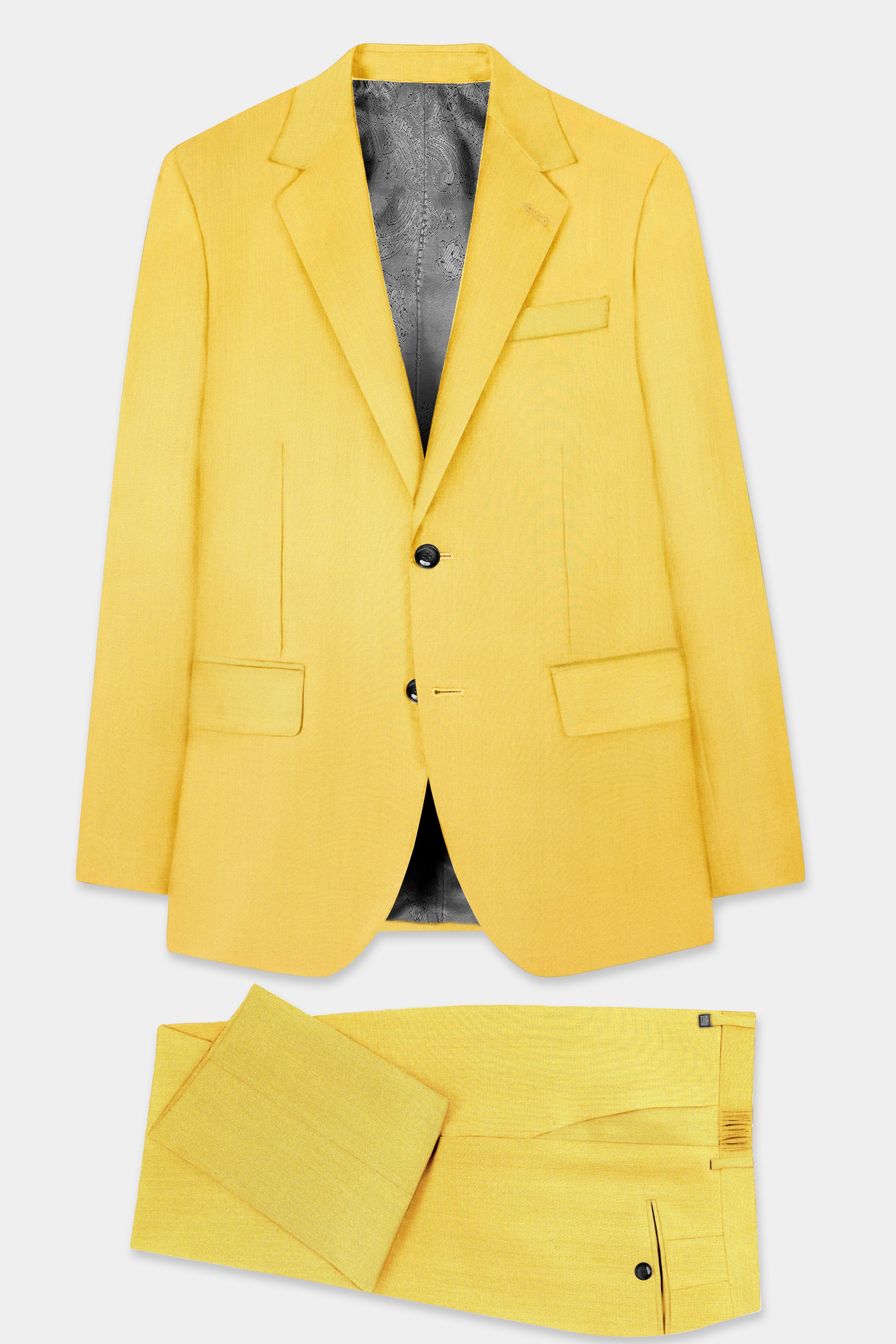 Saffron Elegance-Lemon Yellow Solid Wool Rich Single Breasted Slight Stretch Suit