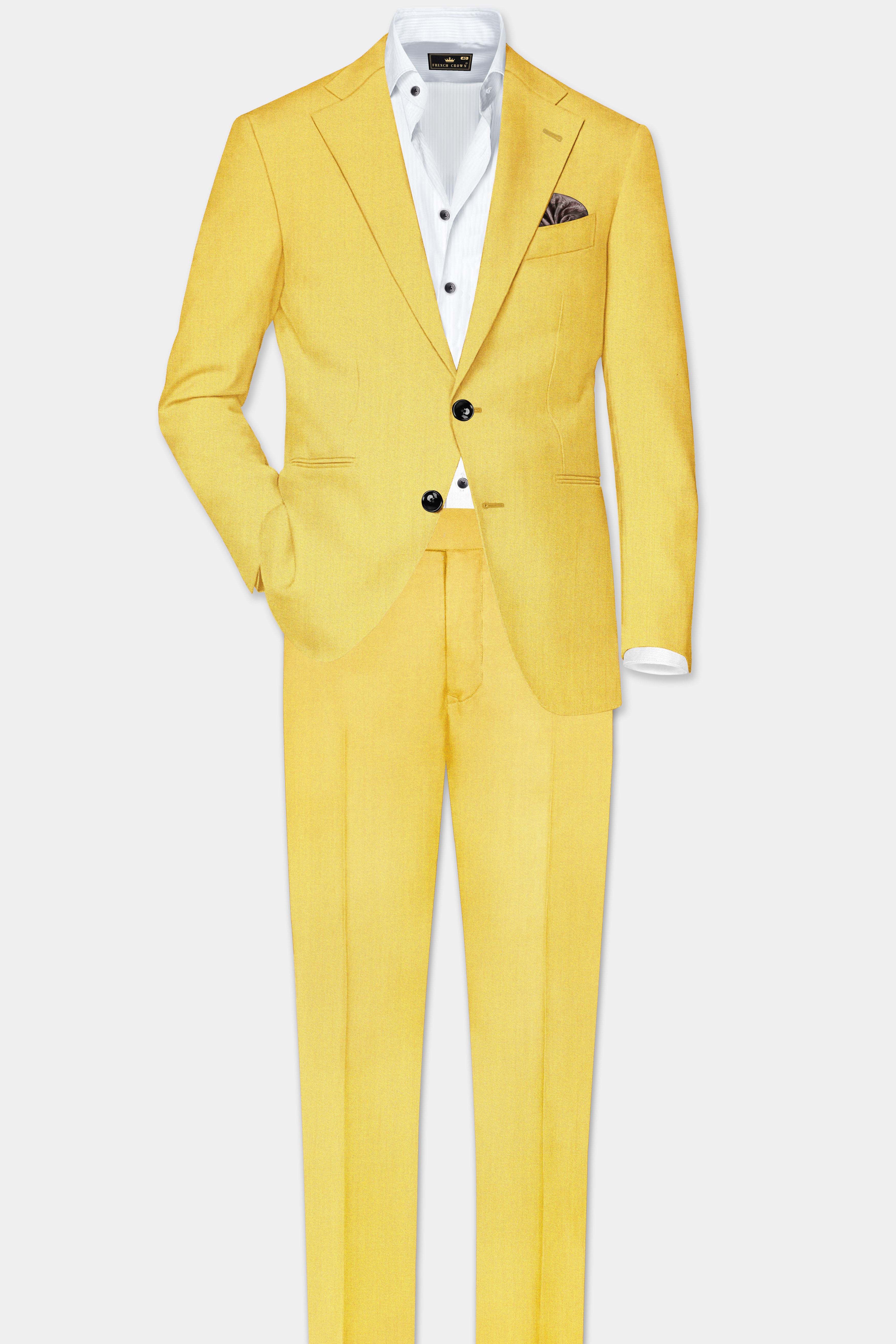 Saffron Elegance-Lemon Yellow Solid Wool Rich Single Breasted Slight Stretch Suit