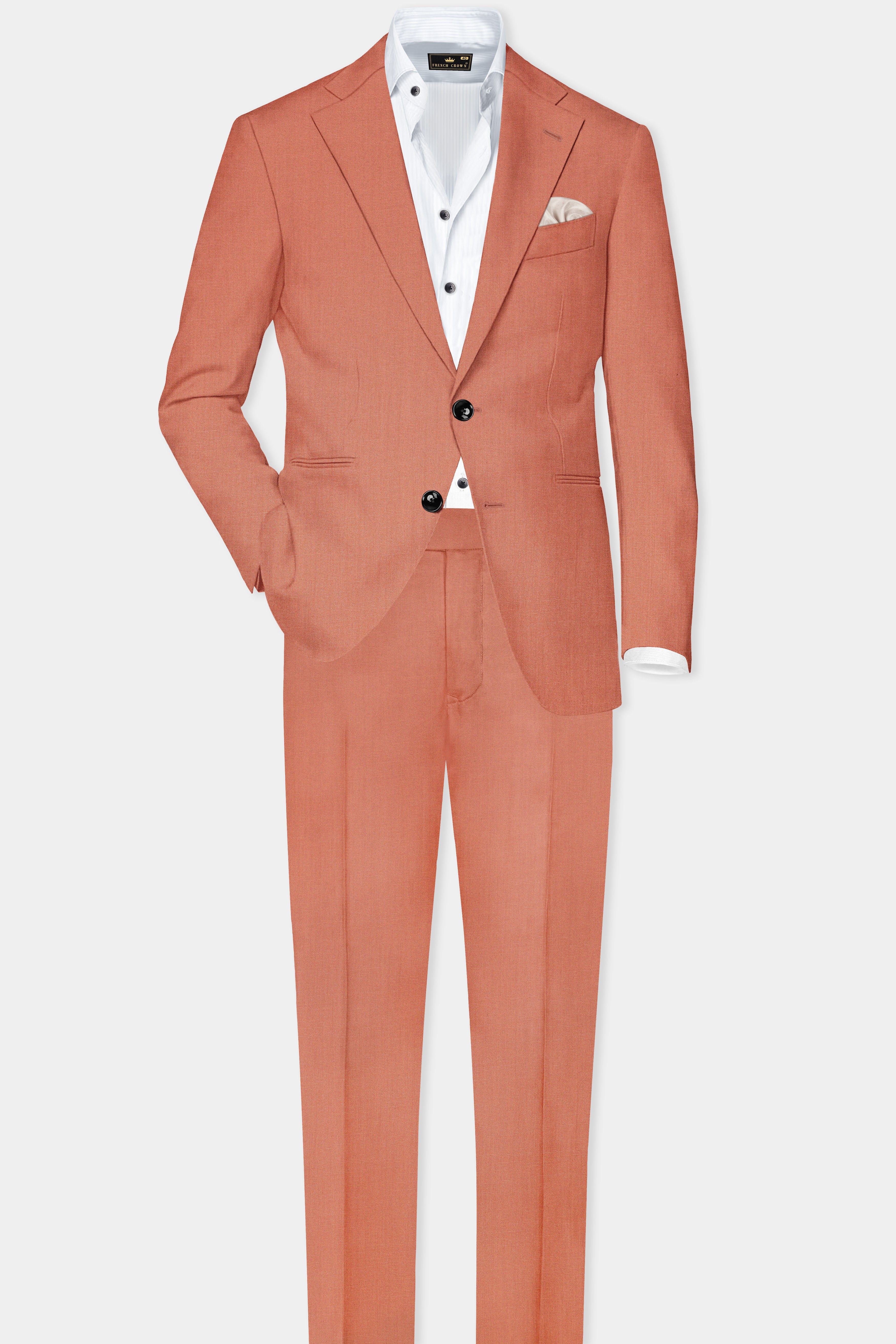 Spiced Sunset-Salmon Orange Solid Wool Rich Single Breasted Slight Stretch Suit