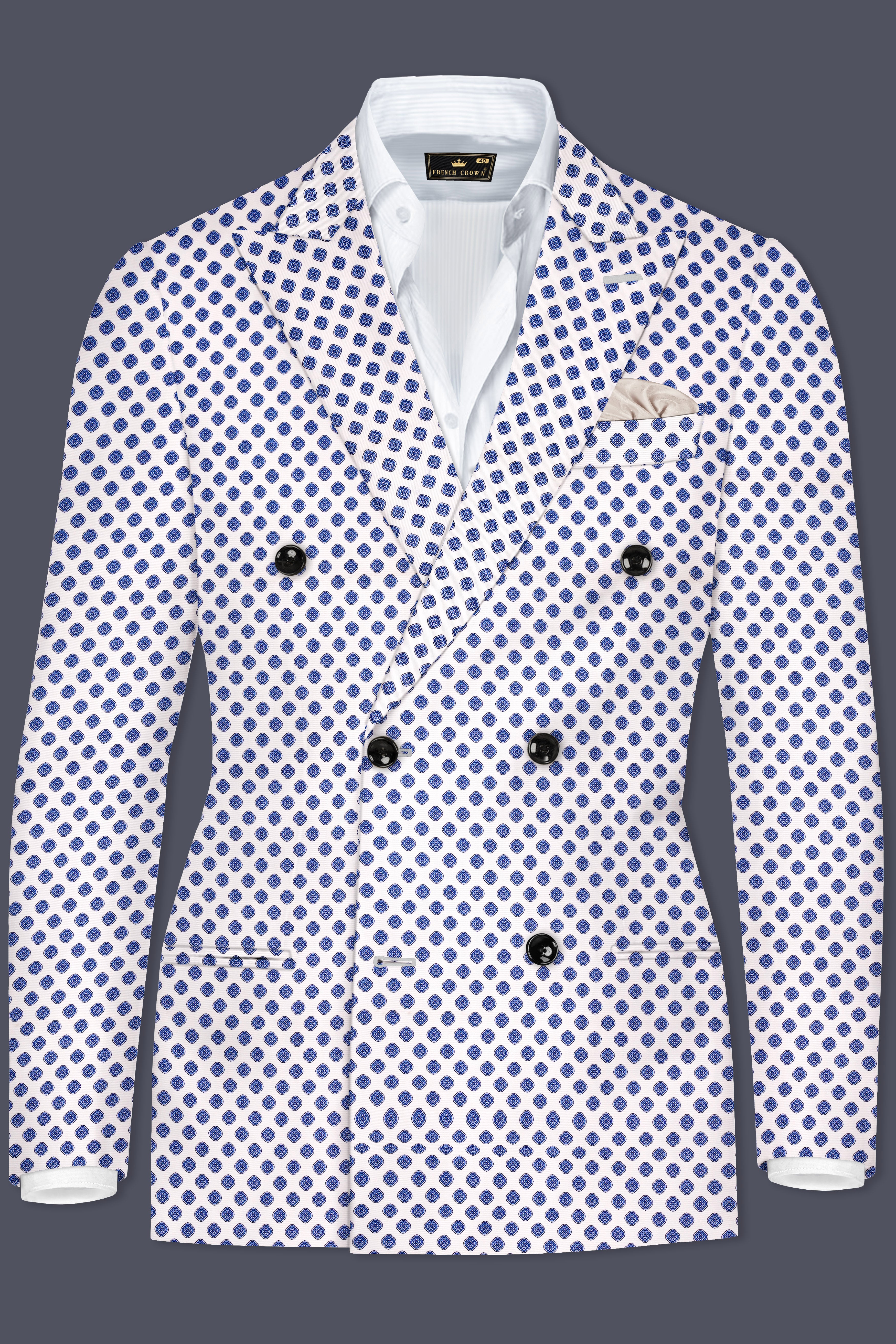 Ocean Echo-Bright White And Mariner Blue Retro Printed Cotton Double Breasted Suit
