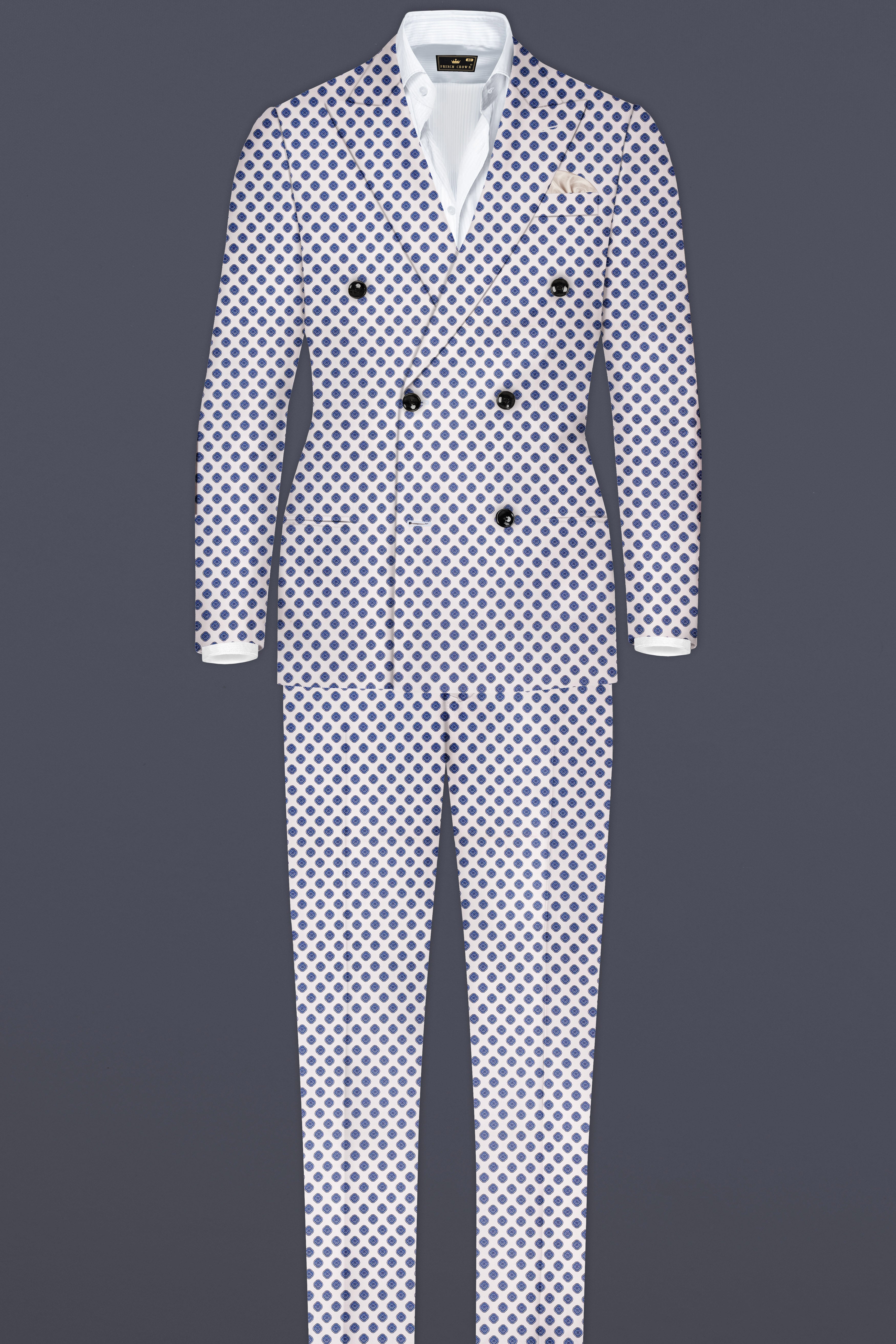 Ocean Echo-Bright White And Mariner Blue Retro Printed Cotton Double Breasted Suit