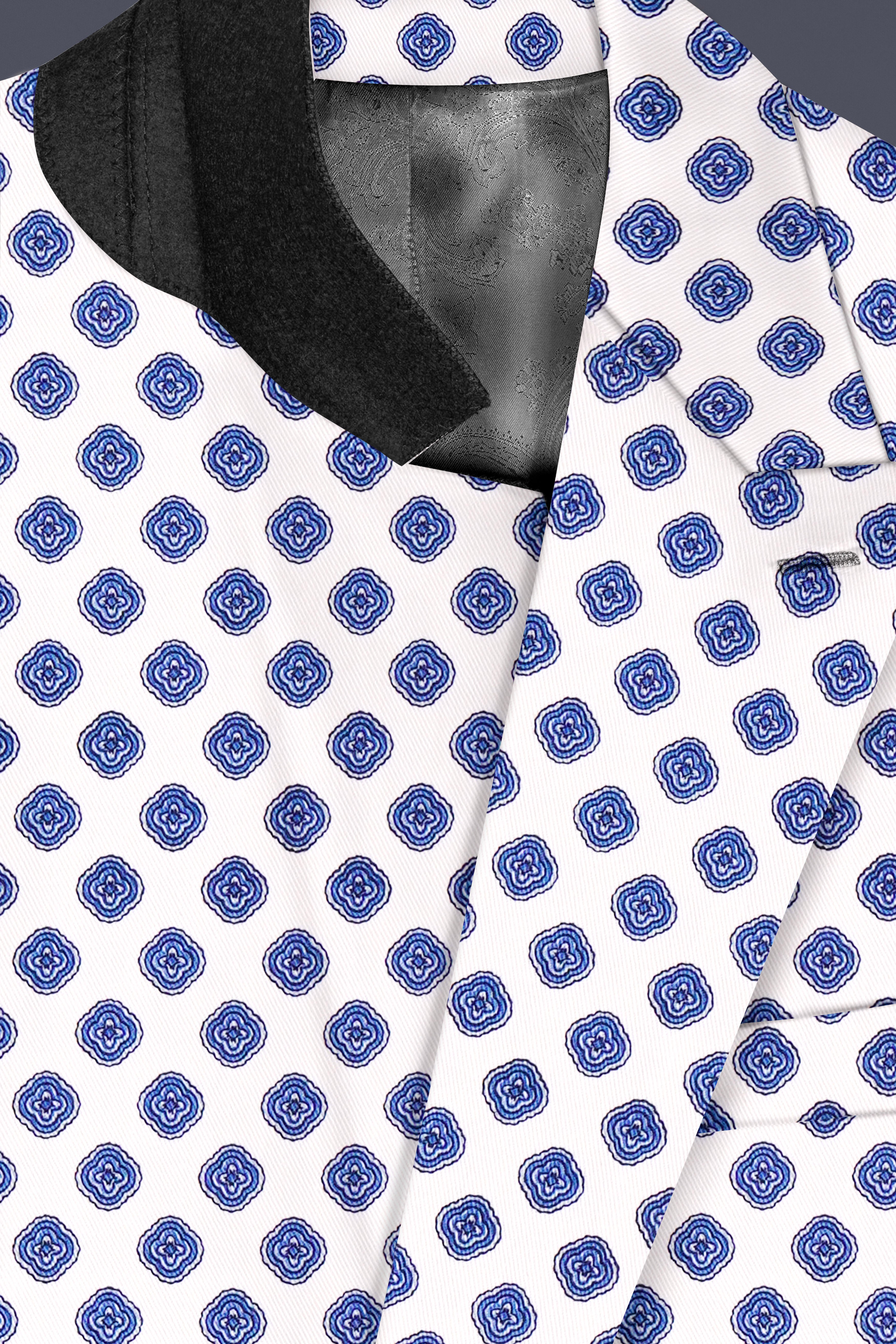 Ocean Echo-Bright White And Mariner Blue Retro Printed Cotton Double Breasted Suit
