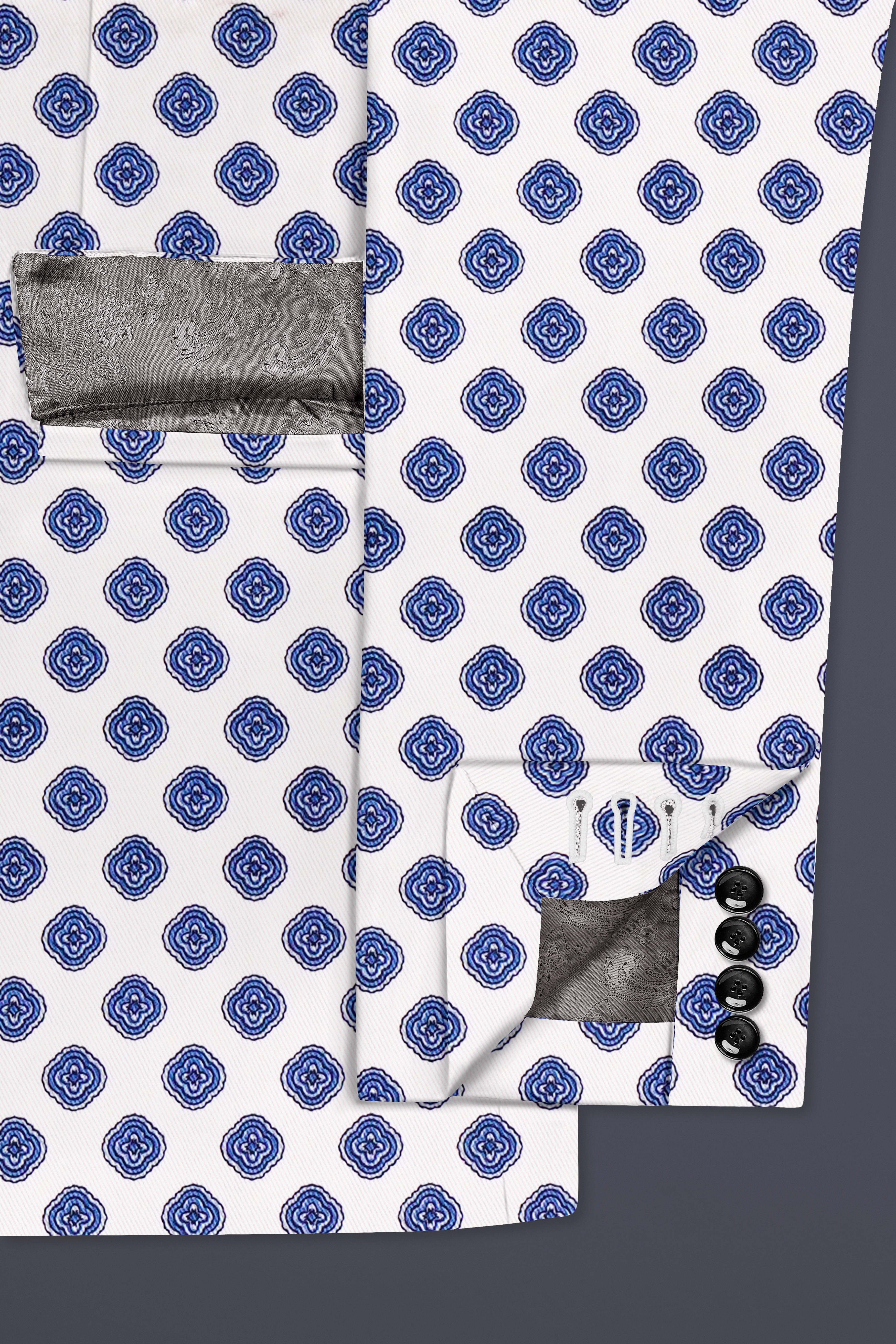 Ocean Echo-Bright White And Mariner Blue Retro Printed Cotton Double Breasted Suit