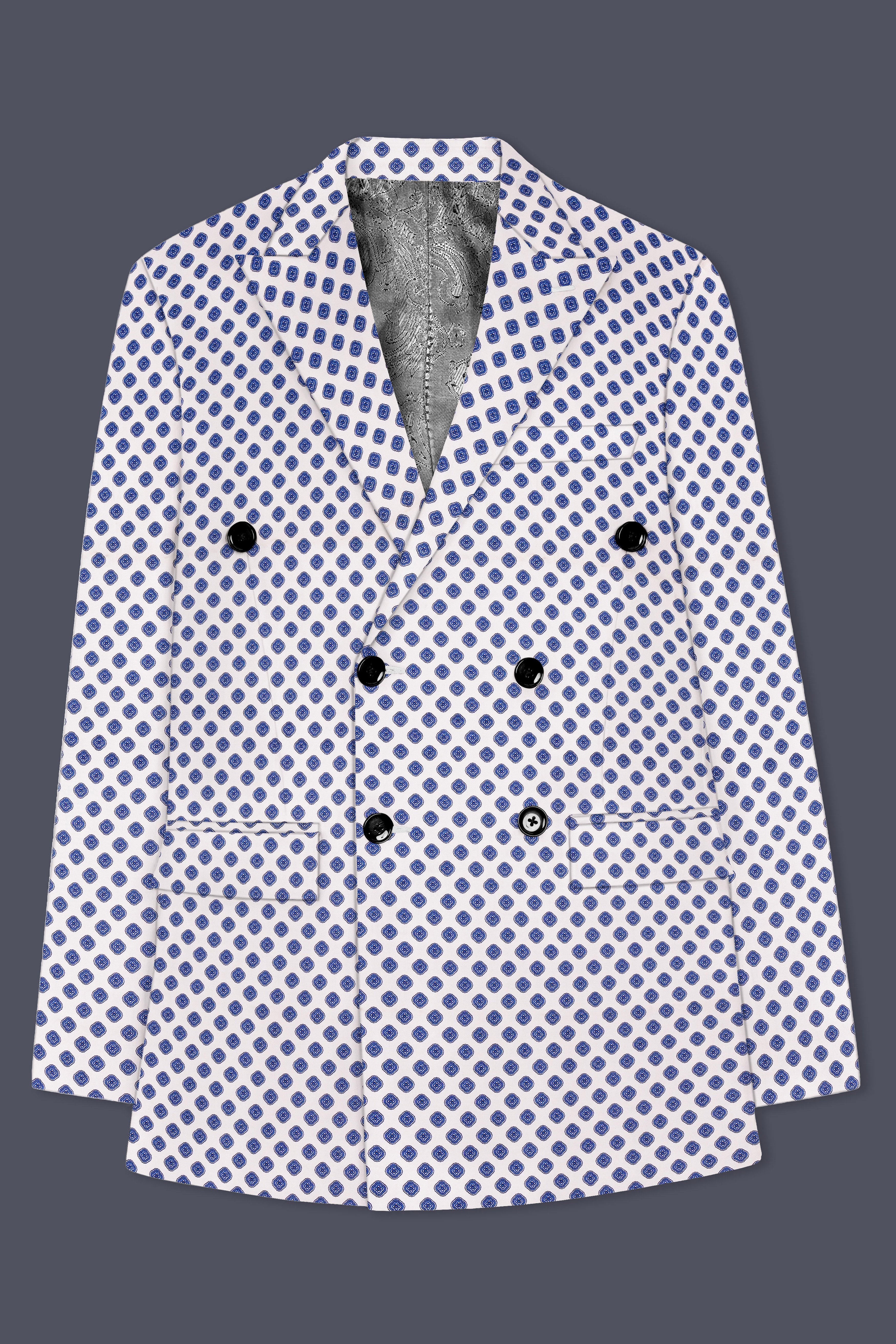 Ocean Echo-Bright White And Mariner Blue Retro Printed Cotton Double Breasted Suit