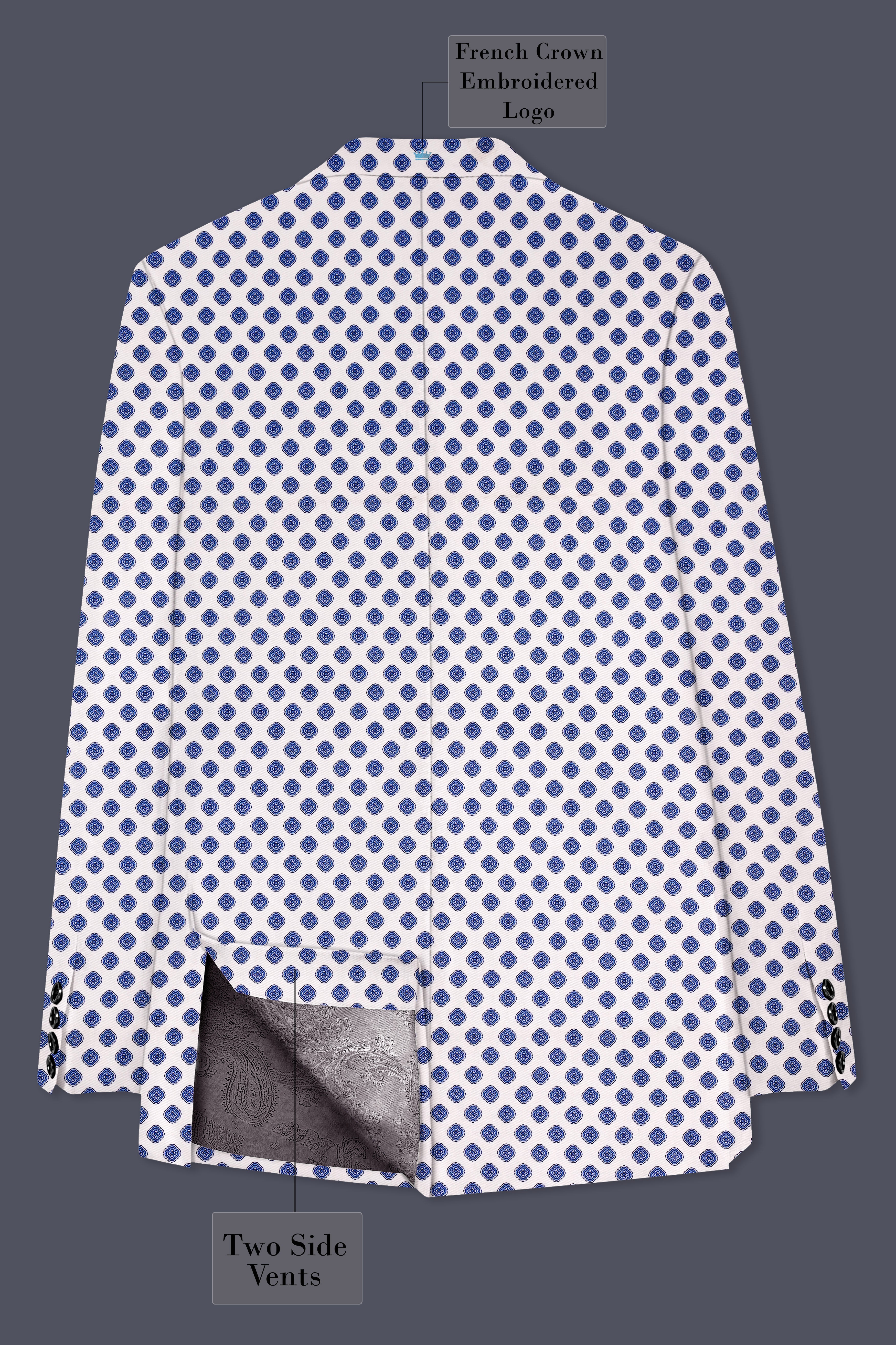 Ocean Echo-Bright White And Mariner Blue Retro Printed Cotton Double Breasted Suit