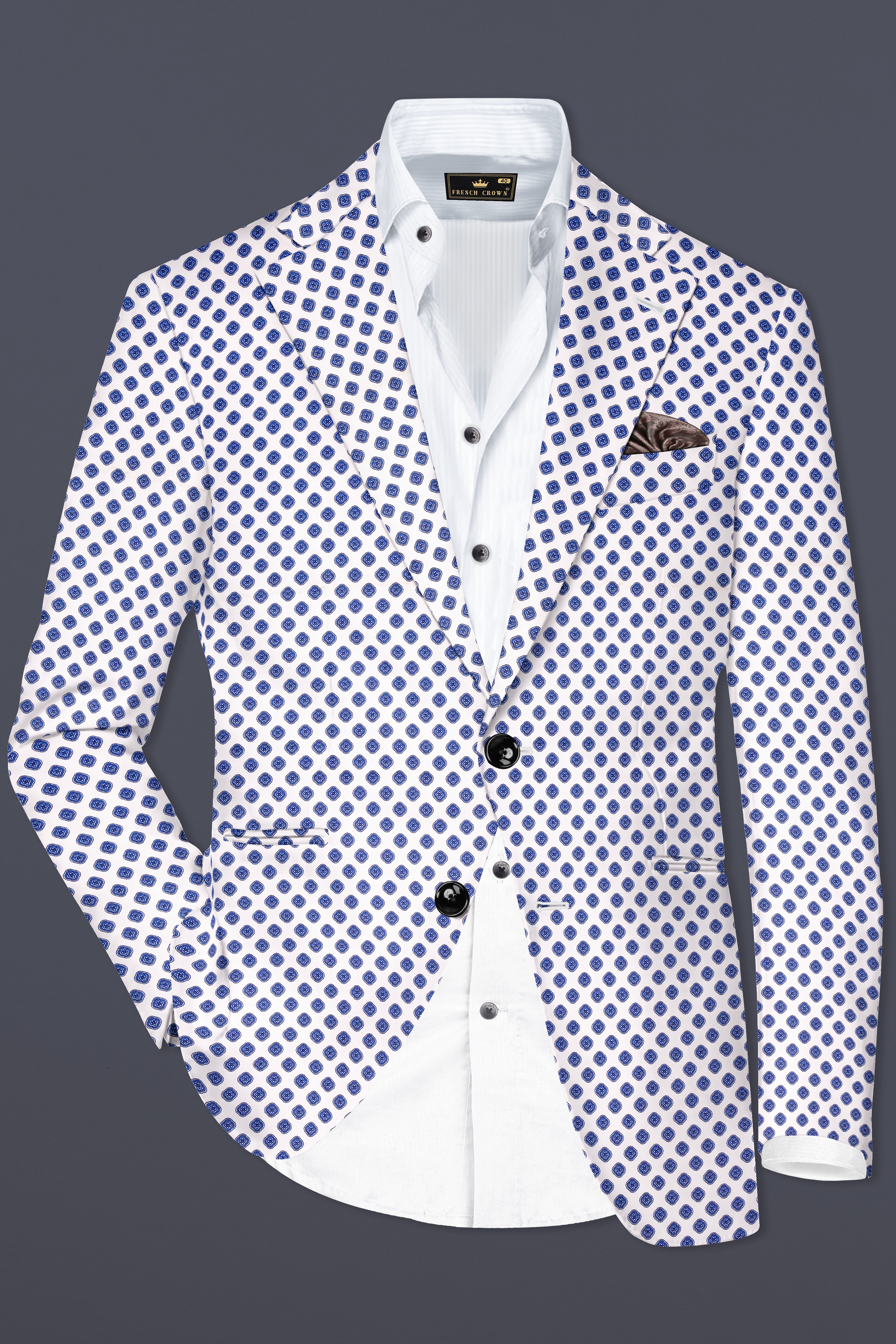 Ocean Echo-Bright White And Mariner Blue Retro Printed Cotton Single Breasted Suit
