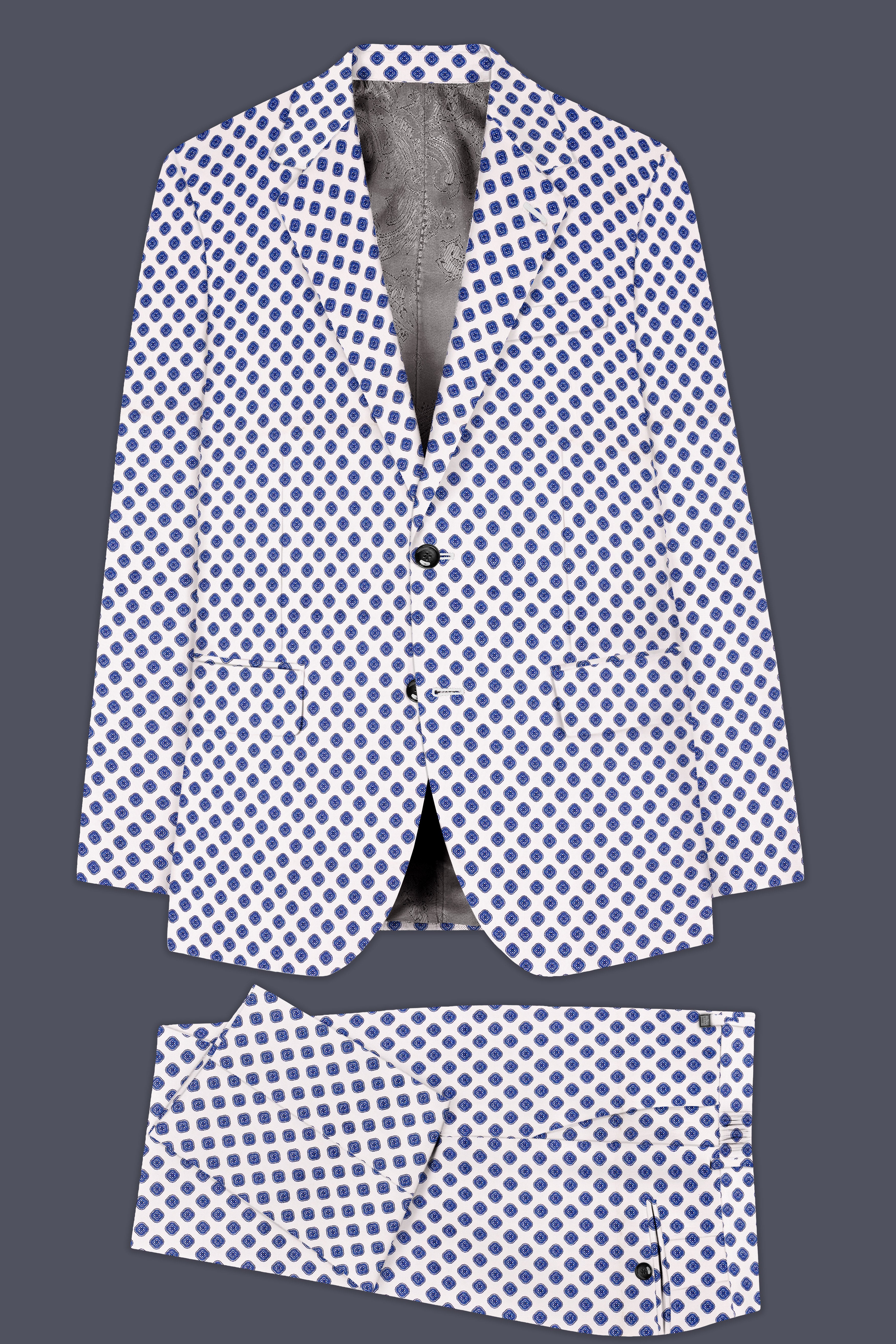 Ocean Echo-Bright White And Mariner Blue Retro Printed Cotton Single Breasted Suit