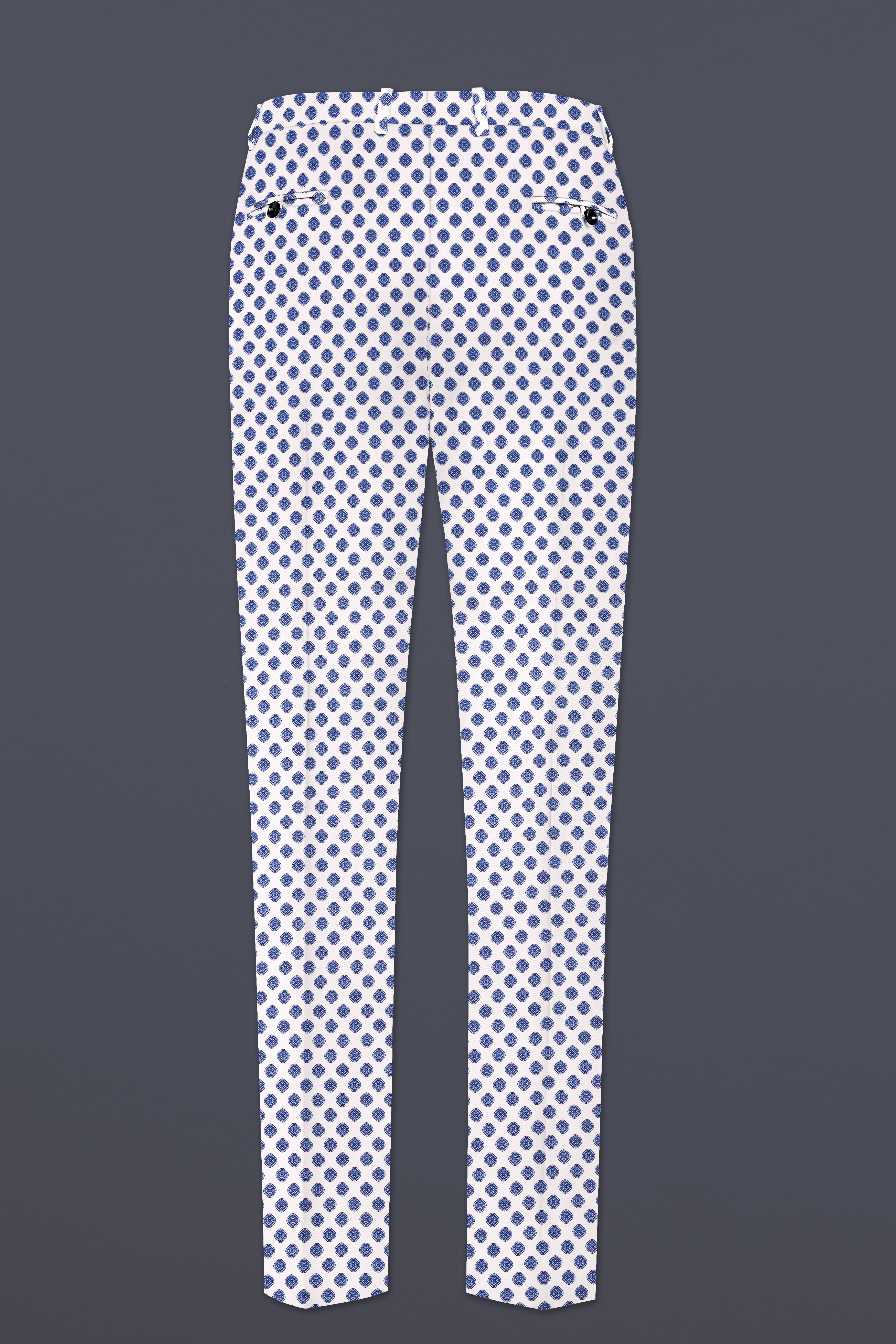 Ocean Echo-Bright White And Mariner Blue Retro Printed Cotton Single Breasted Suit