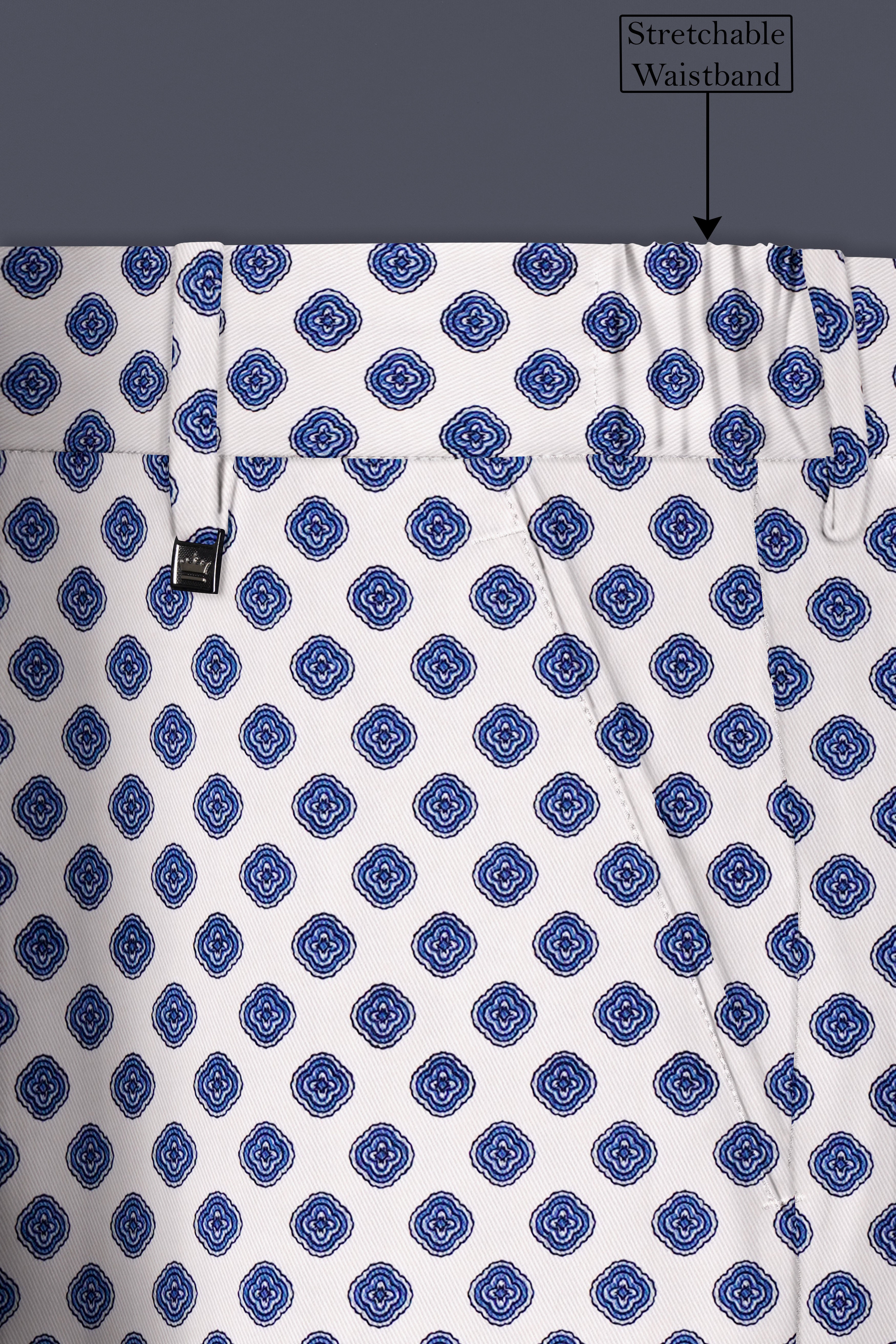 Ocean Echo-Bright White And Mariner Blue Retro Printed Cotton Single Breasted Suit