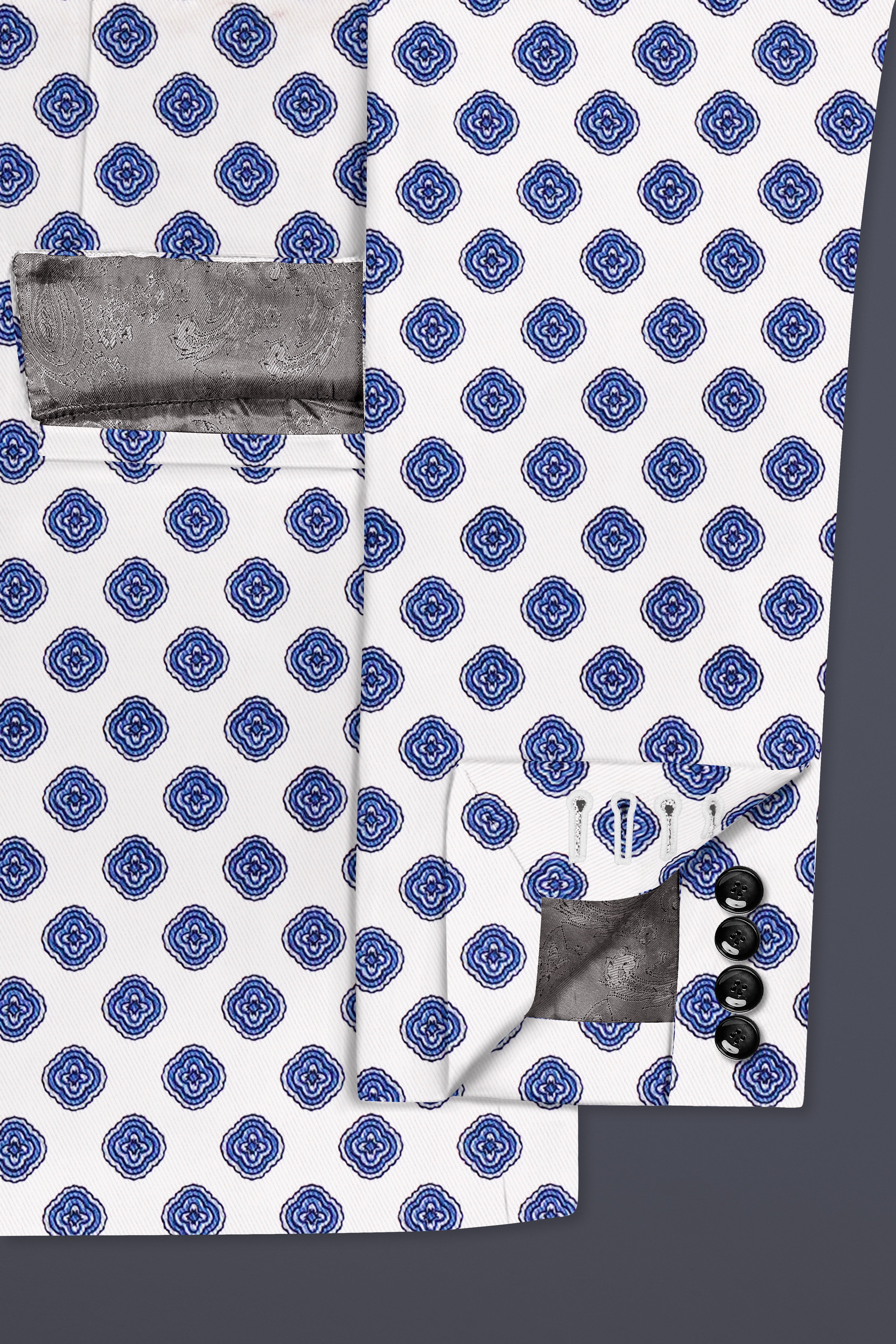 Ocean Echo-Bright White And Mariner Blue Retro Printed Cotton Single Breasted Suit