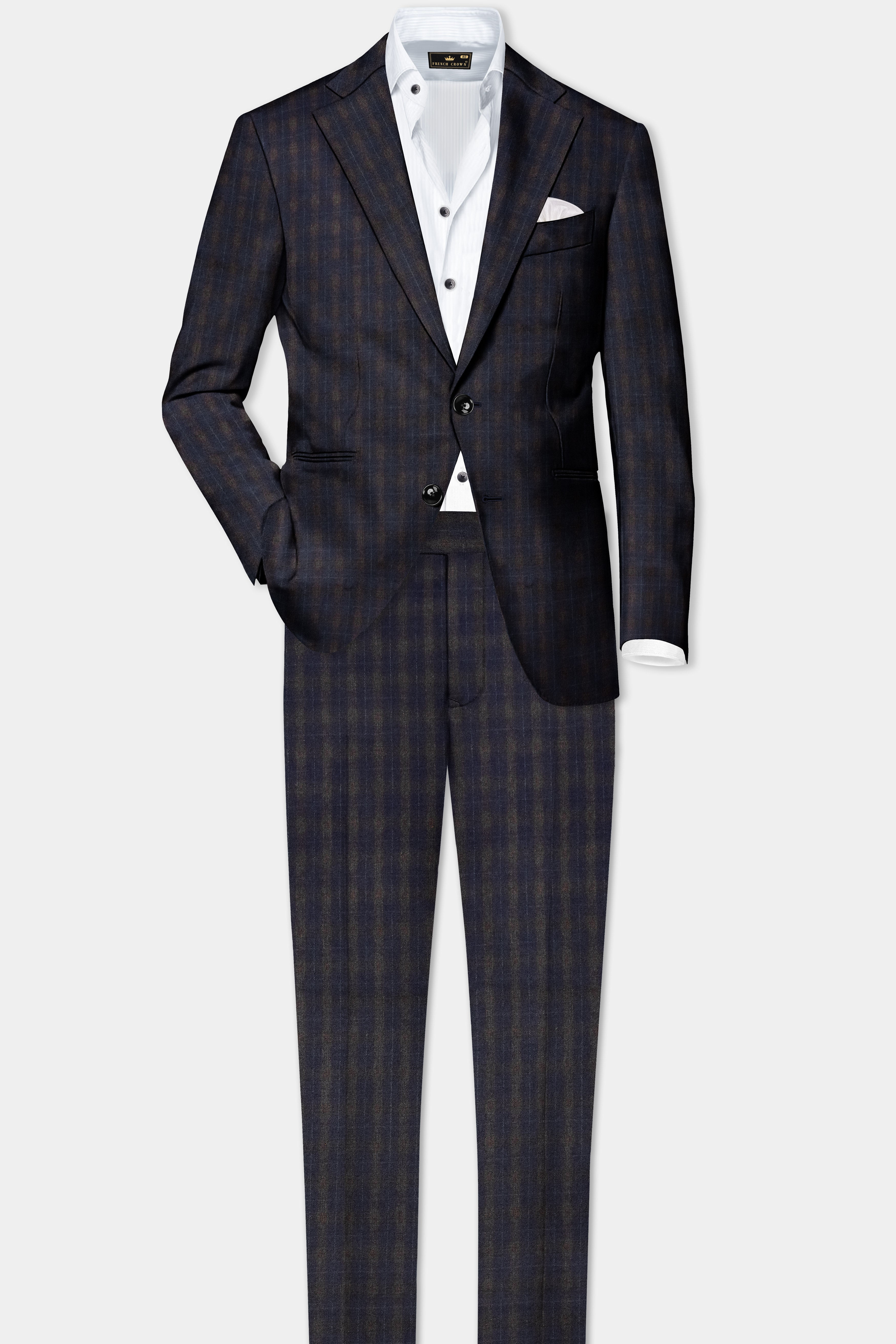 Racing-Mirage Blue And Brown Plaid Wool Rich Single Breasted Suit