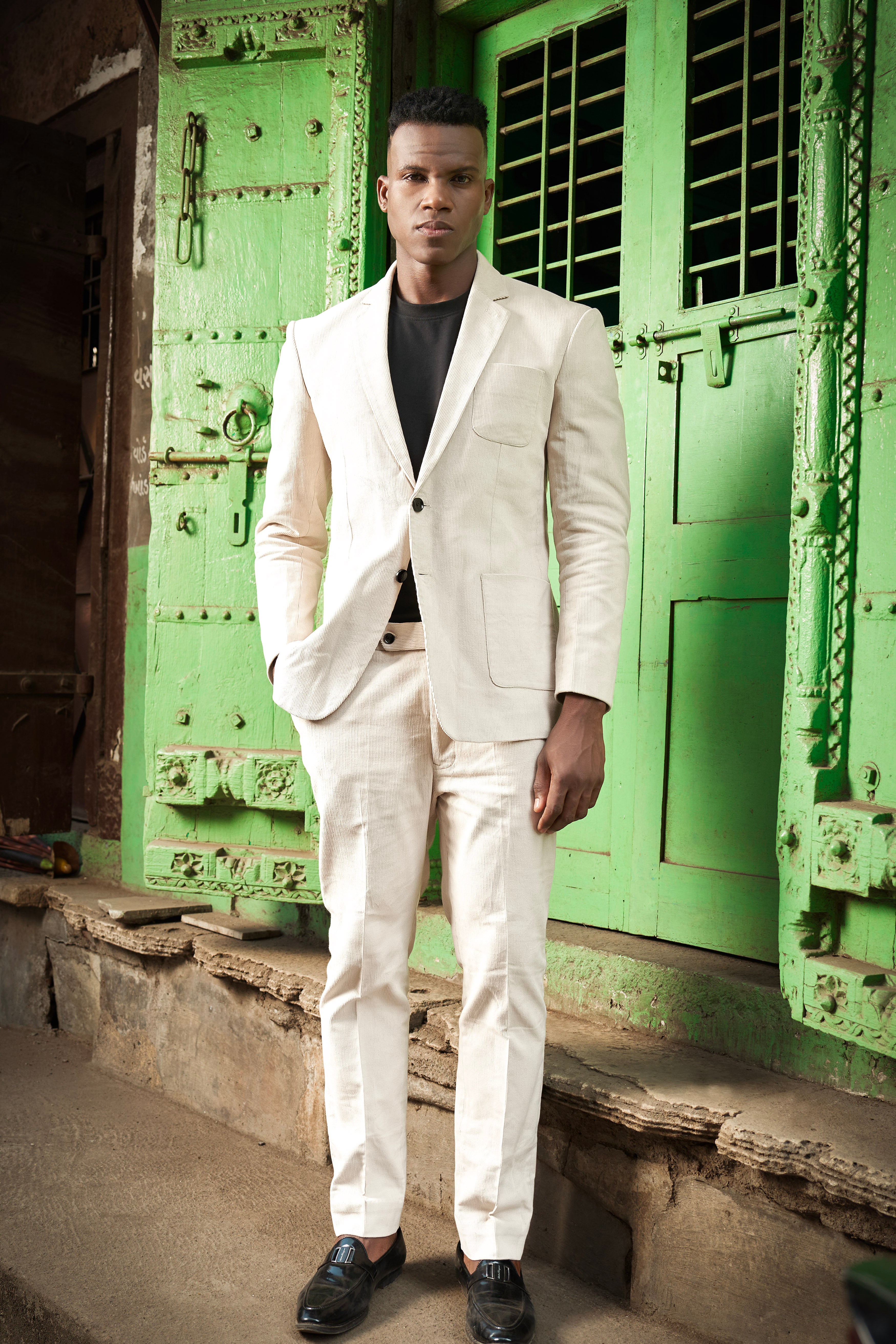 Moonbeam-Moon Mist Cream Textured Corduroy Premium Cotton Single Breasted Sports Suit