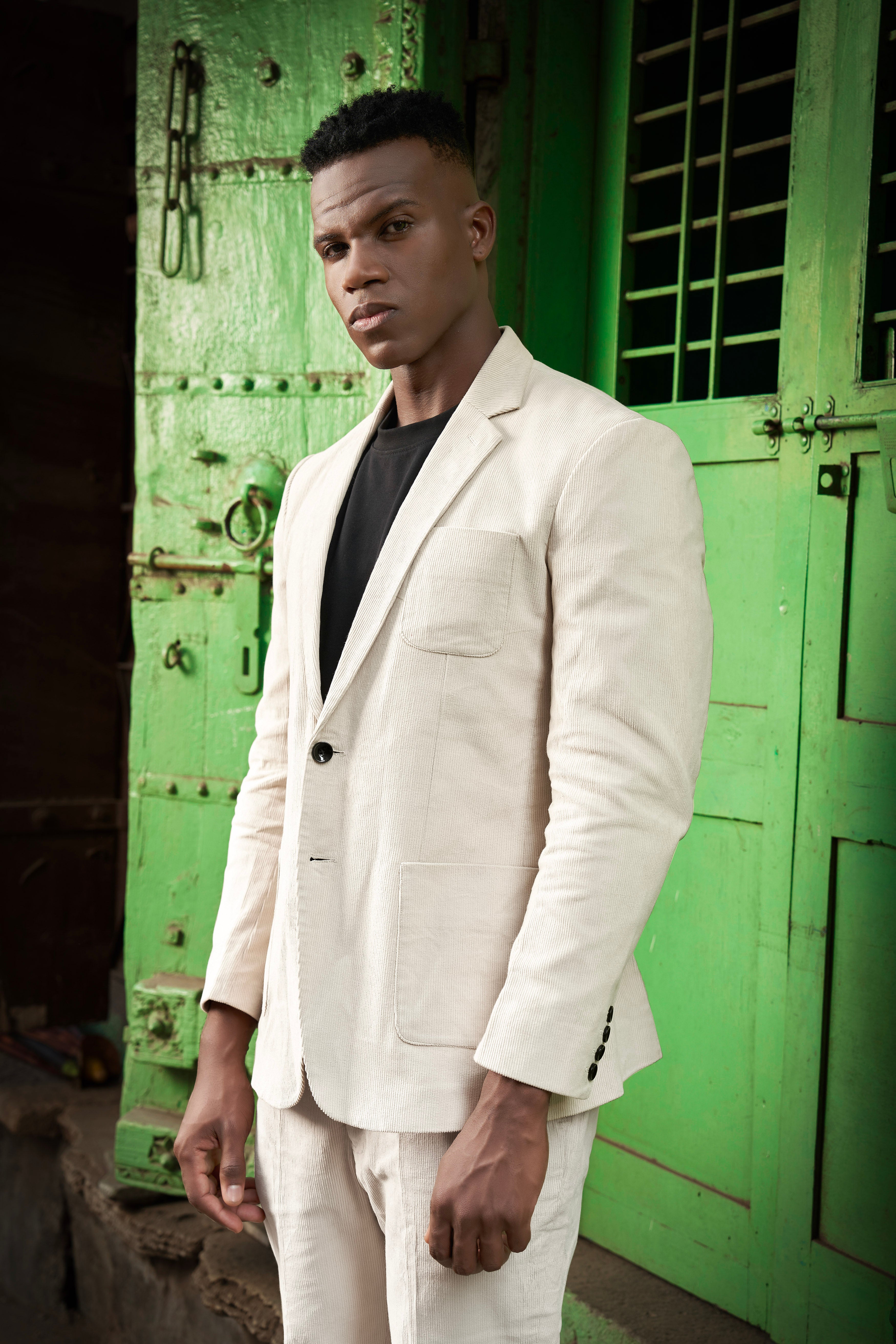 Moonbeam-Moon Mist Cream Textured Corduroy Premium Cotton Single Breasted Sports Suit