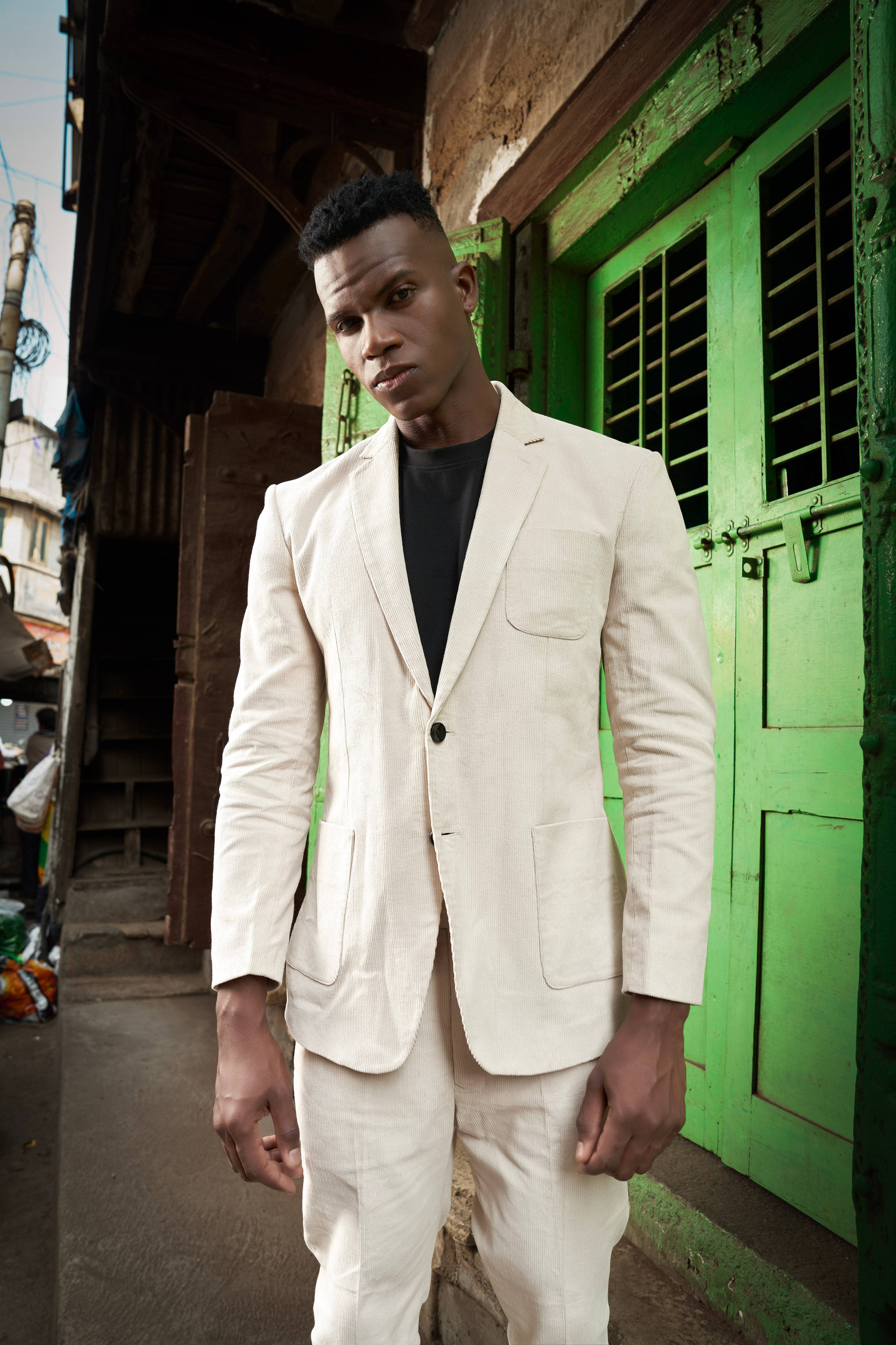 Moonbeam-Moon Mist Cream Textured Corduroy Premium Cotton Single Breasted Sports Suit