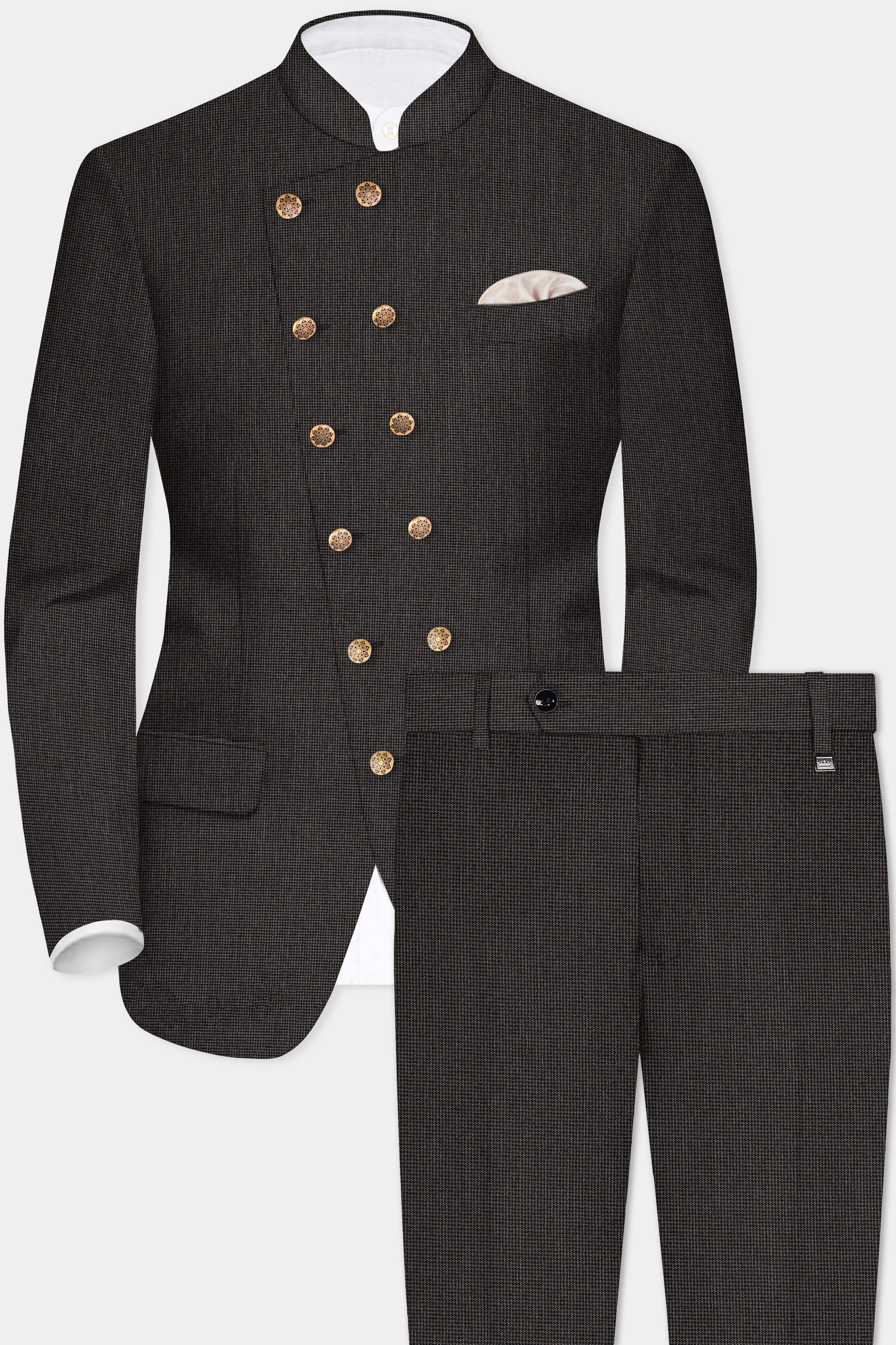Granite Grid-Piano Gray houndstooth Textured Wool Rich Cross Placket Bandhgala Suit
